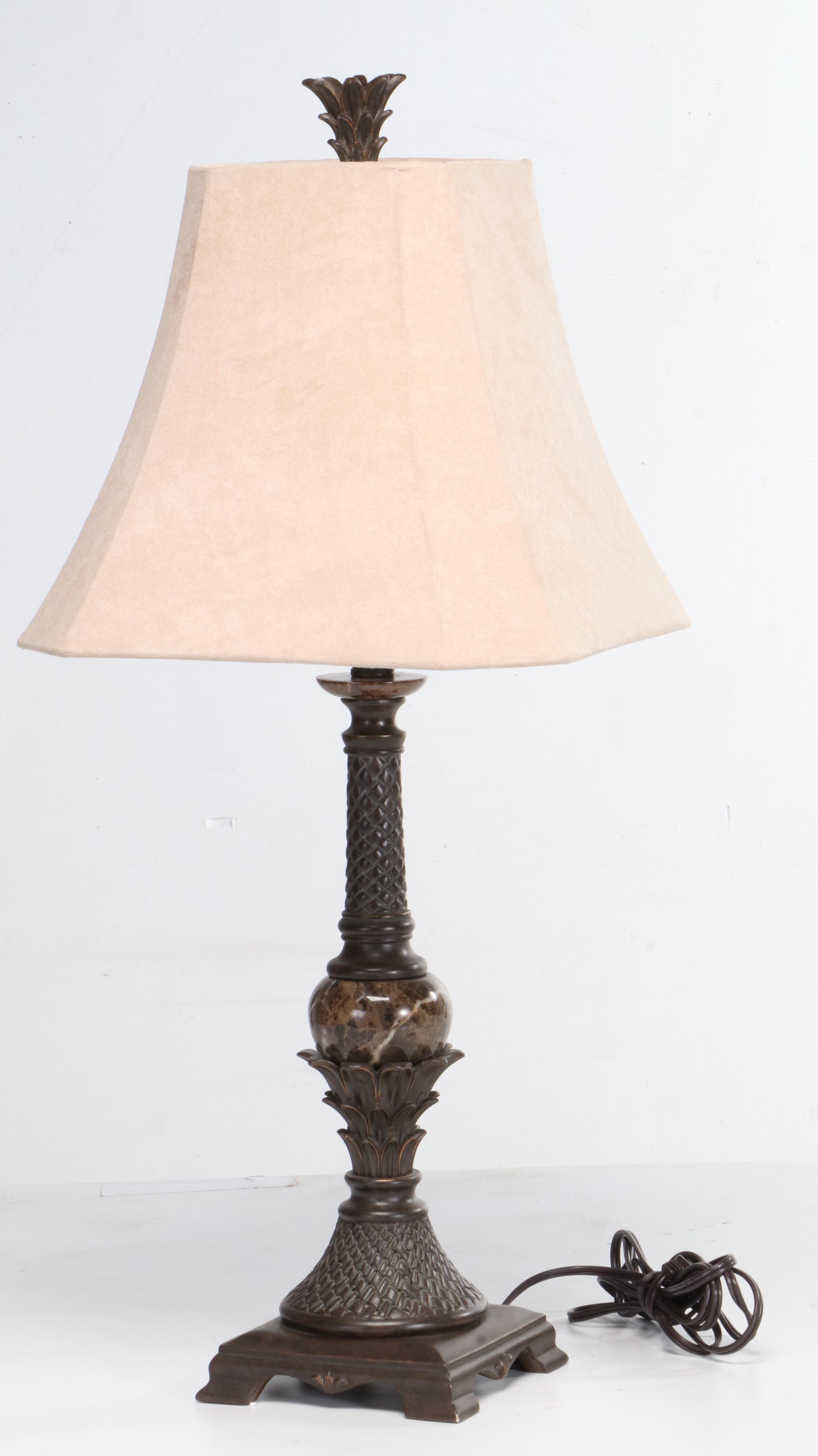 Marble and Resin Table Lamp With Patinated Metal Plate and Metal Figurine