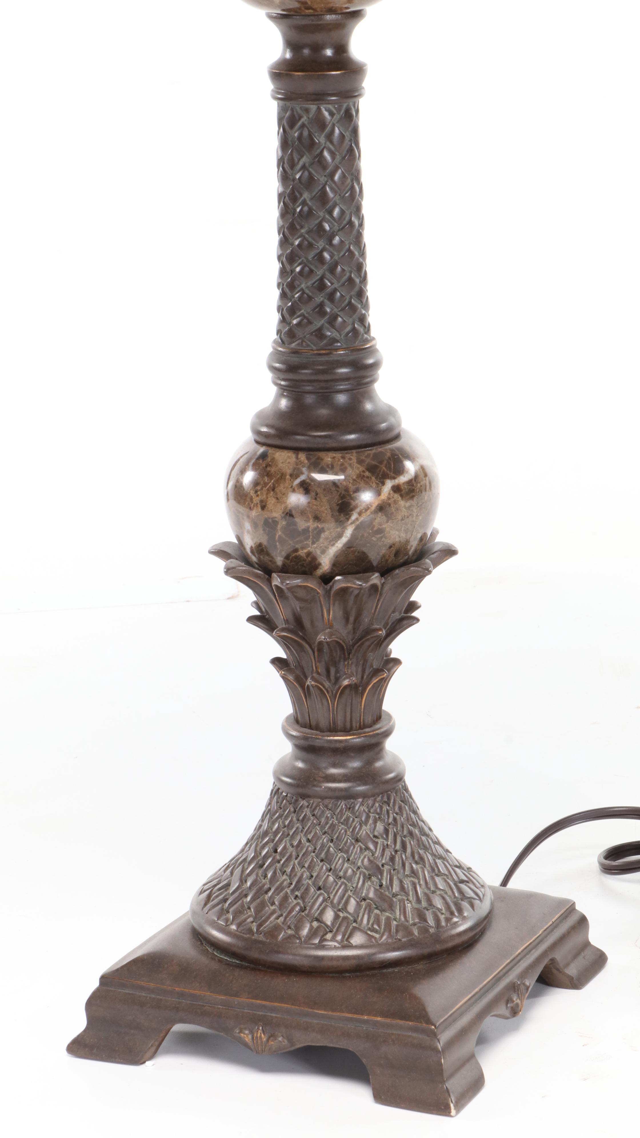 Marble and Resin Table Lamp With Patinated Metal Plate and Metal Figurine