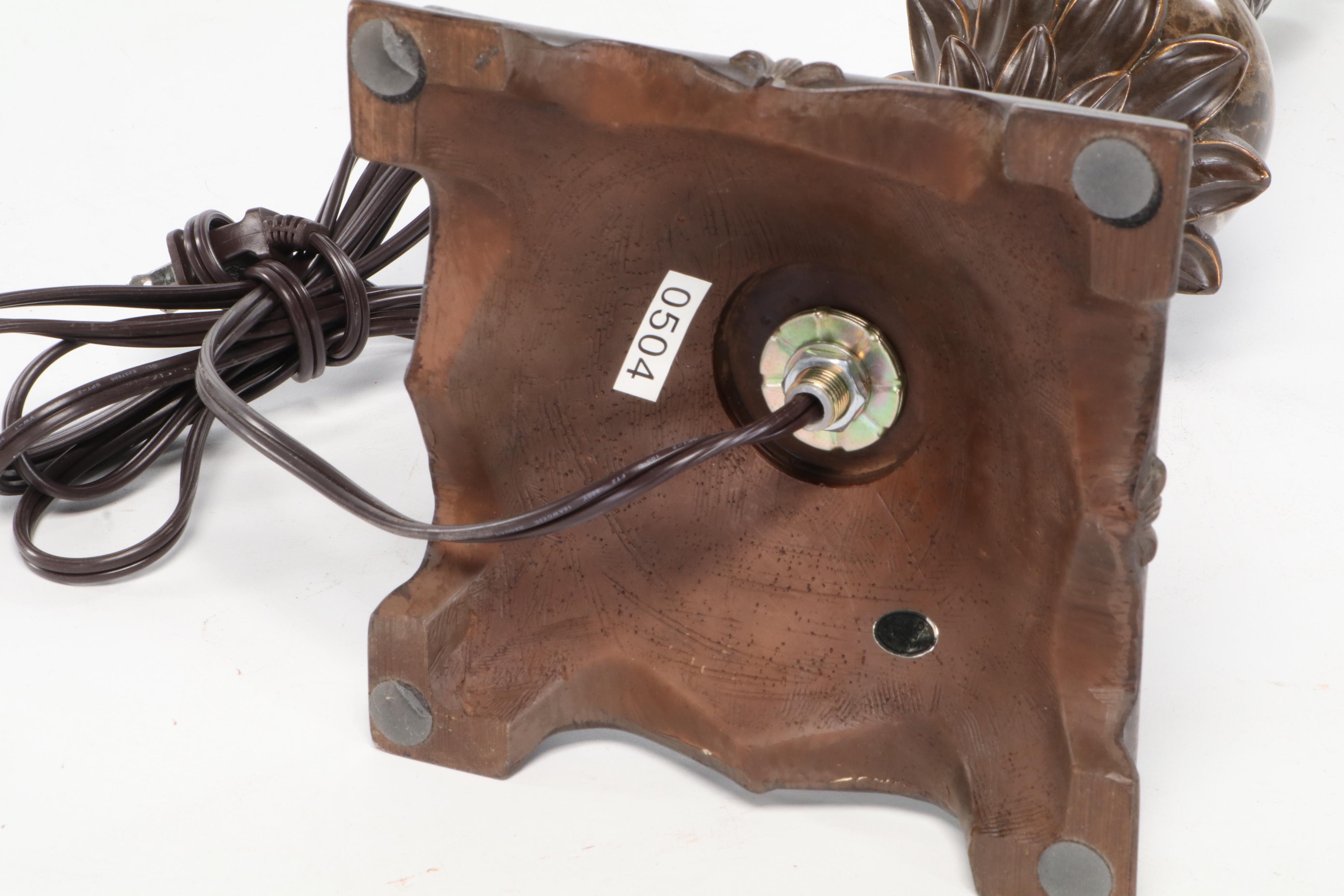 Marble and Resin Table Lamp With Patinated Metal Plate and Metal Figurine