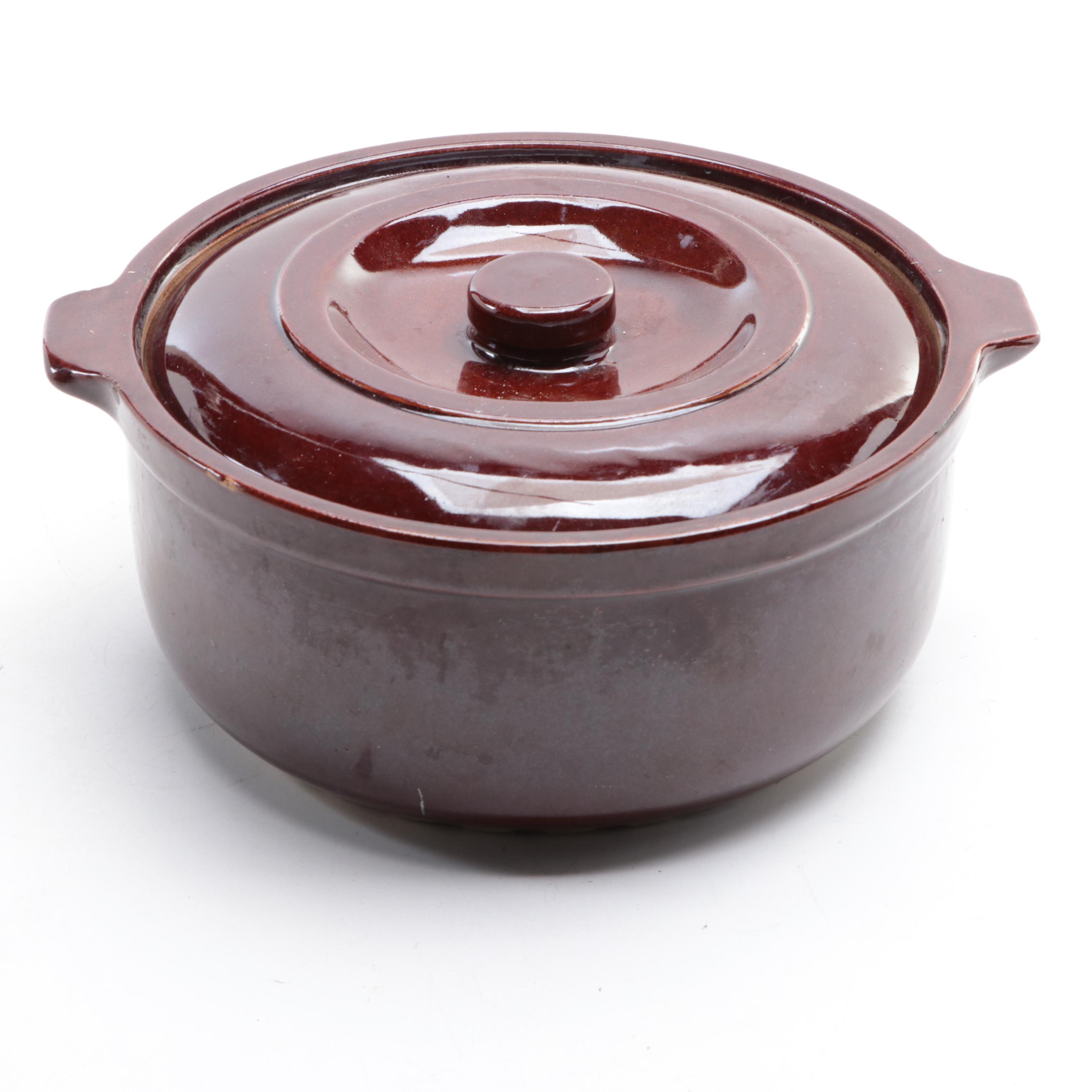 American Pottery Brown Dip Glazed Bean Pot with Other Tableware