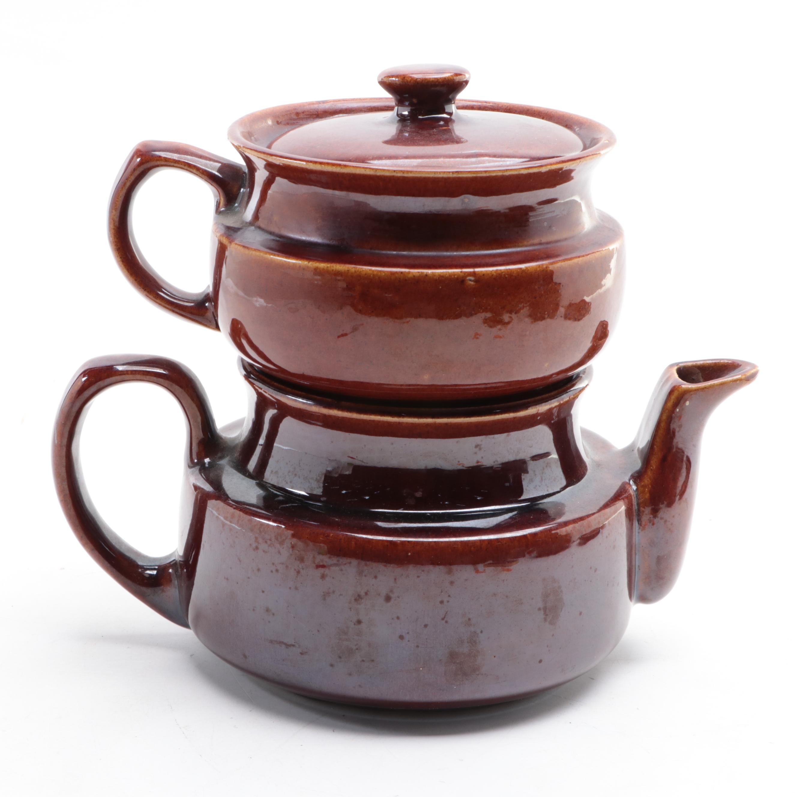 American Pottery Brown Dip Glazed Bean Pot with Other Tableware