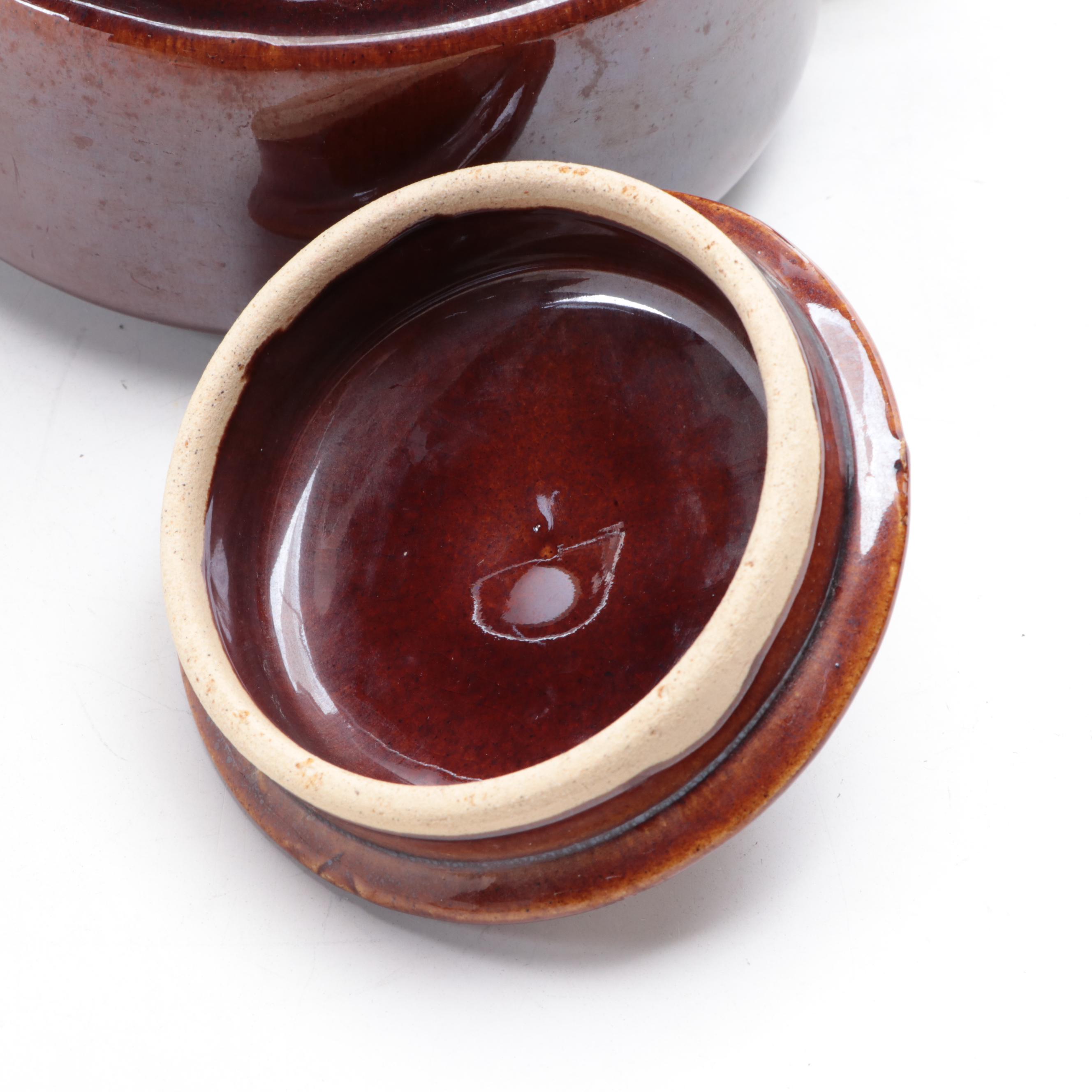 American Pottery Brown Dip Glazed Bean Pot with Other Tableware