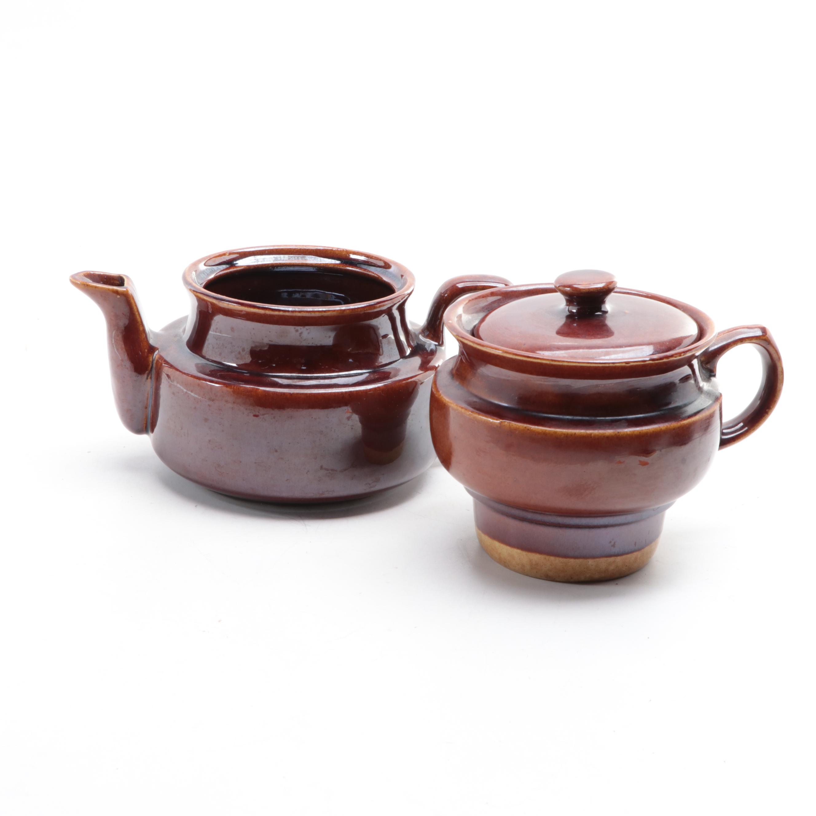 American Pottery Brown Dip Glazed Bean Pot with Other Tableware