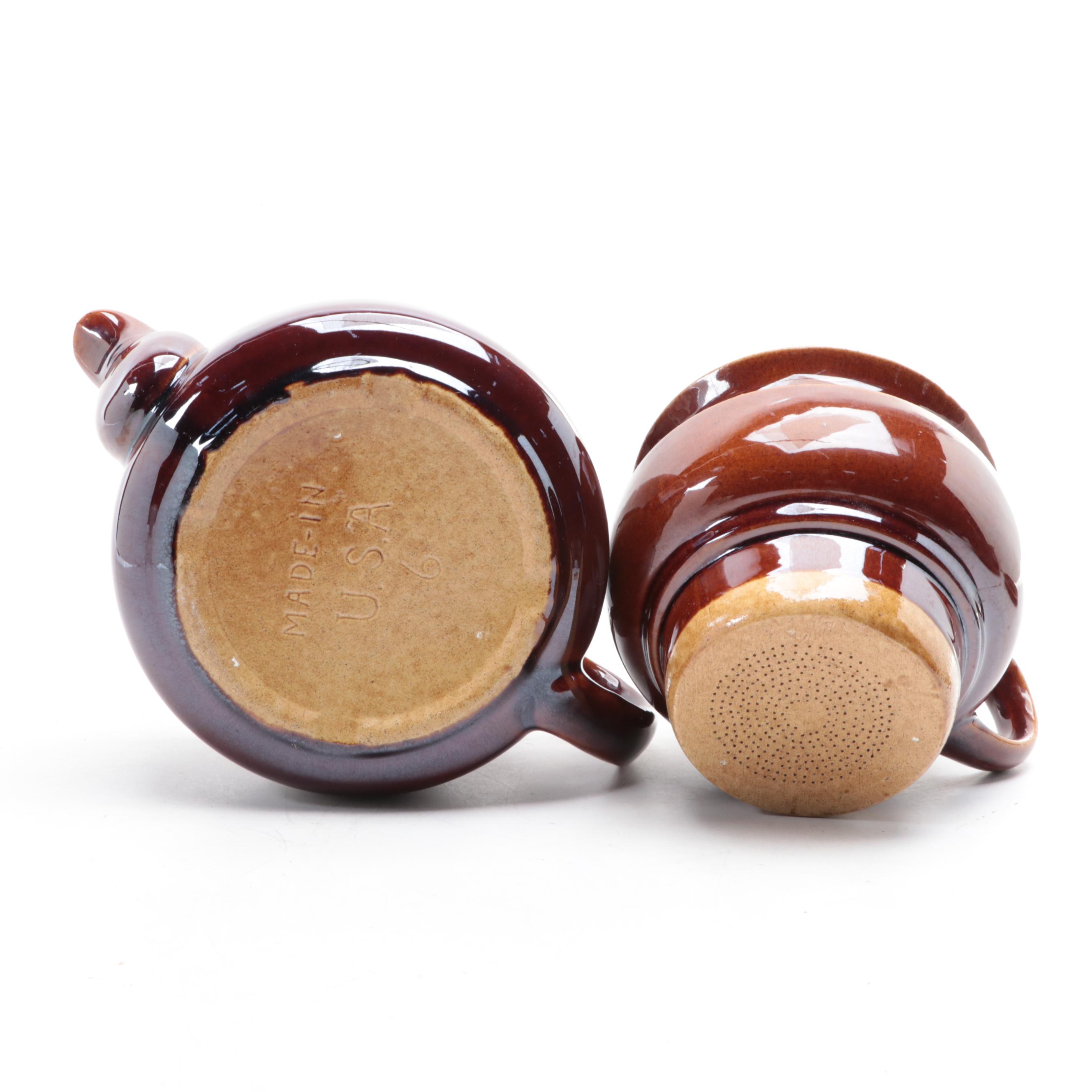 American Pottery Brown Dip Glazed Bean Pot with Other Tableware