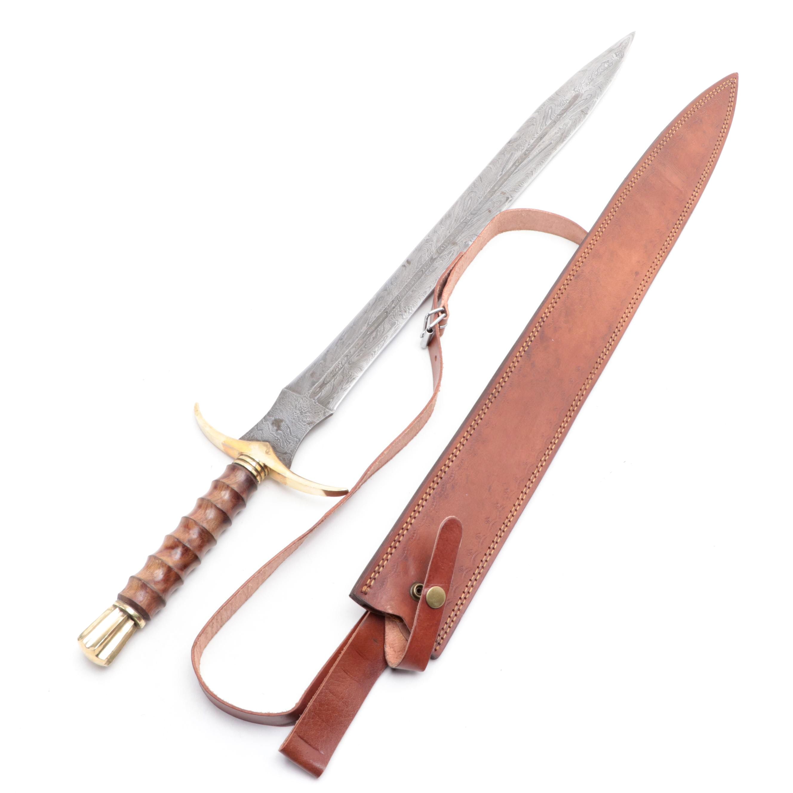 Damascus Steel and Carved Wood Handle Short Sword with Back Scabbard