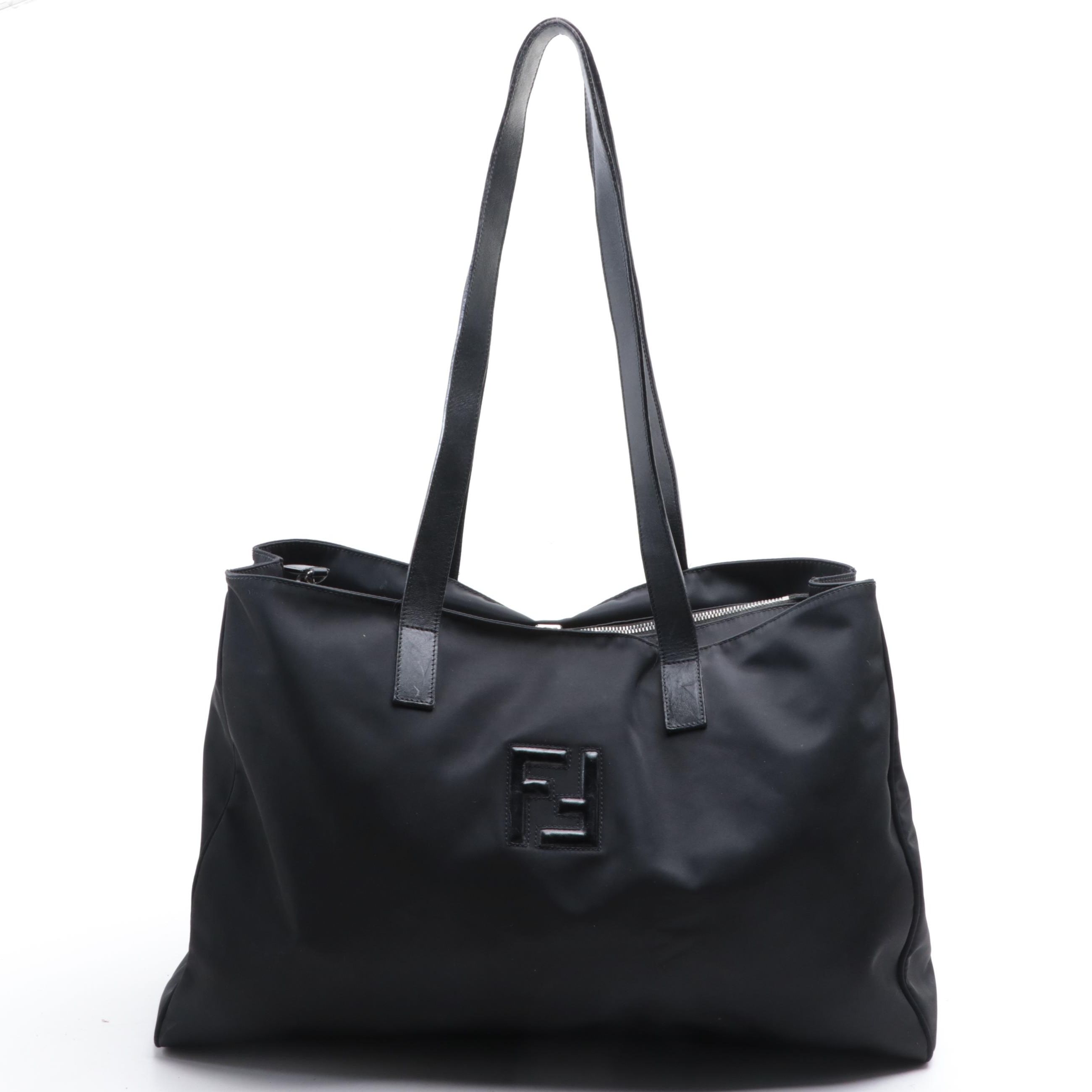 Fendi Large Shoulder Tote in Black Nylon Gabardine with Leather Trim