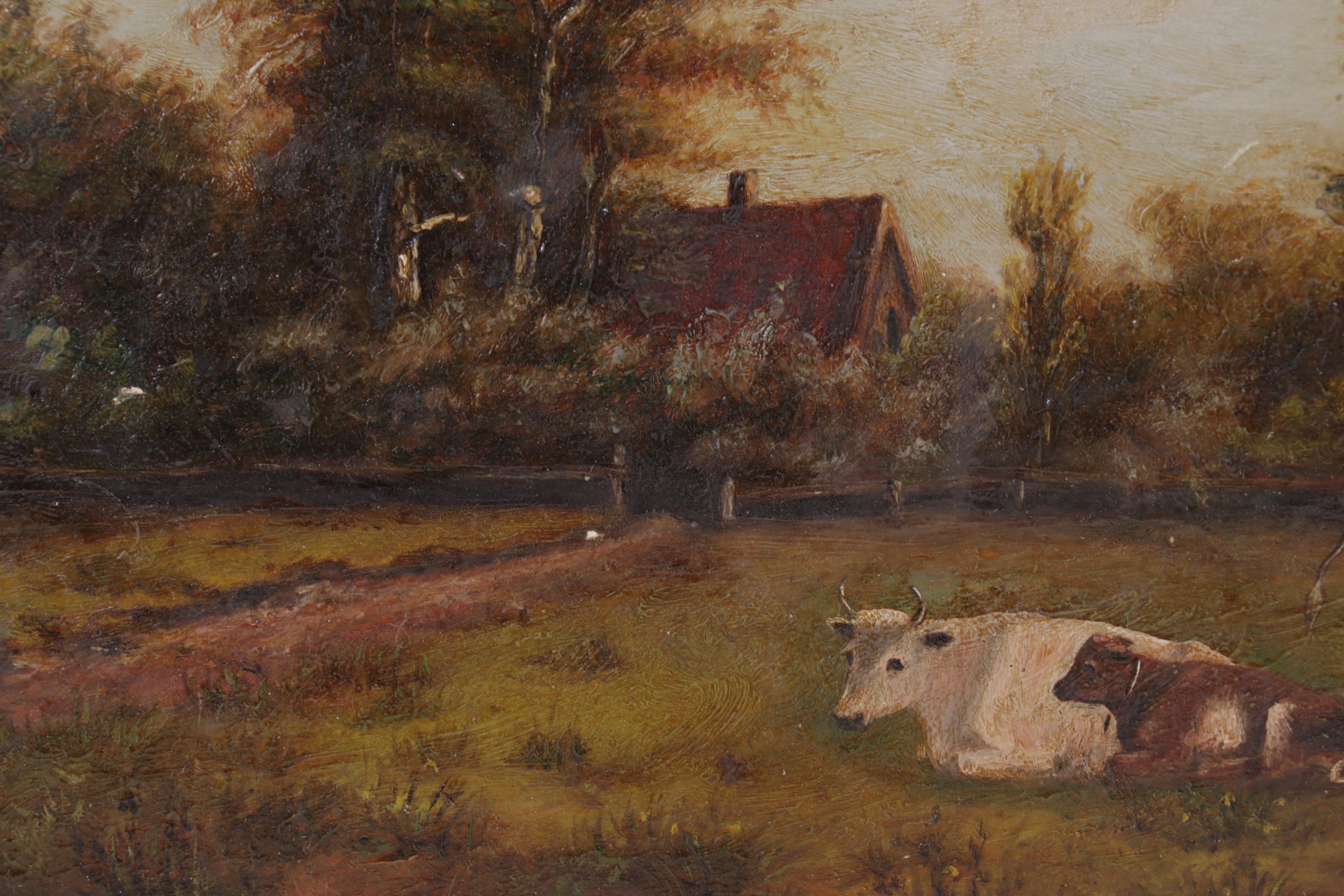 Bucolic Landscape Oil Painting of Cows in Pasture, Late 19th Century