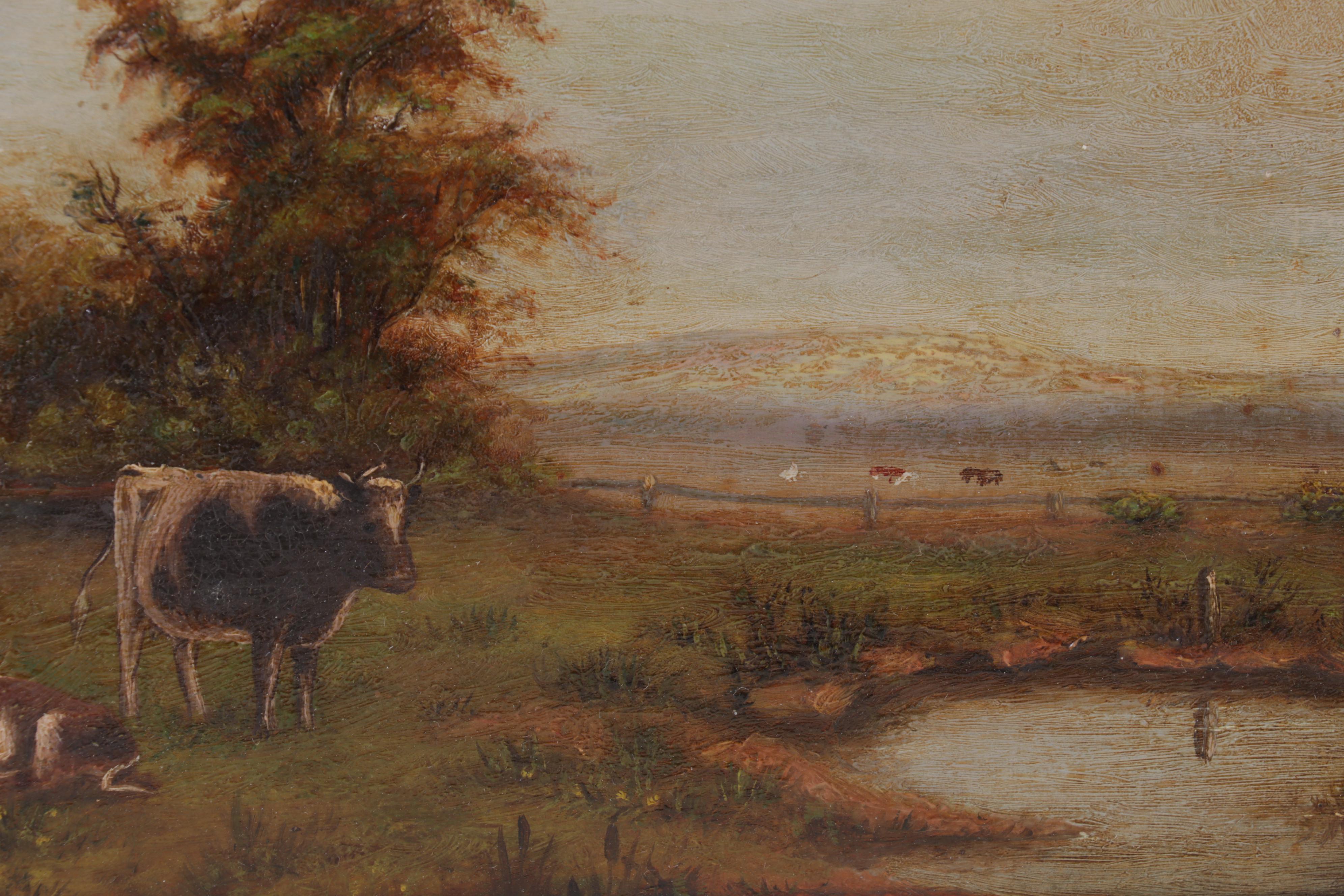 Bucolic Landscape Oil Painting of Cows in Pasture, Late 19th Century