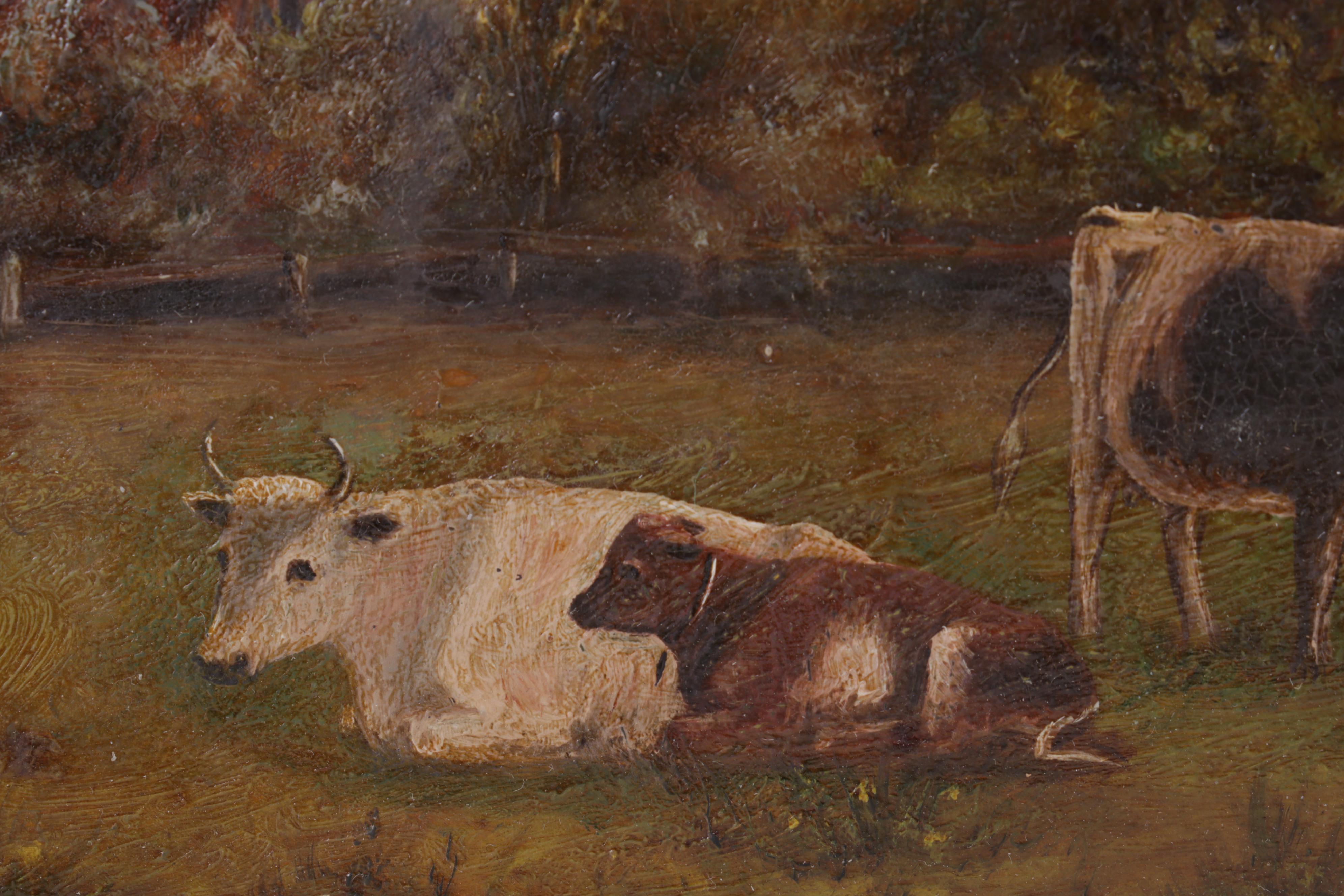 Bucolic Landscape Oil Painting of Cows in Pasture, Late 19th Century