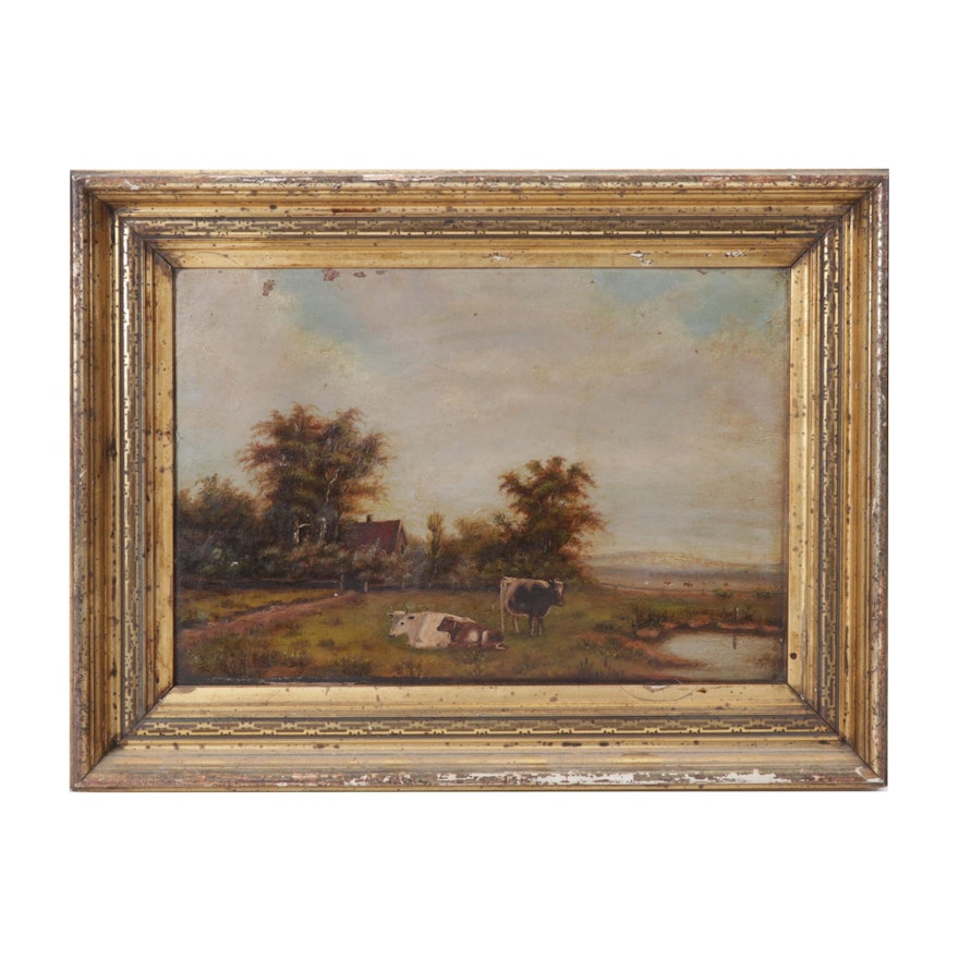 Bucolic Landscape Oil Painting of Cows in Pasture, Late 19th Century