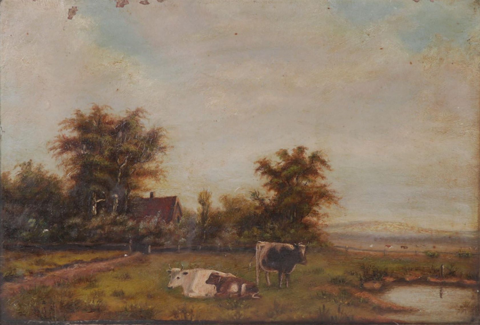 Bucolic Landscape Oil Painting of Cows in Pasture, Late 19th Century