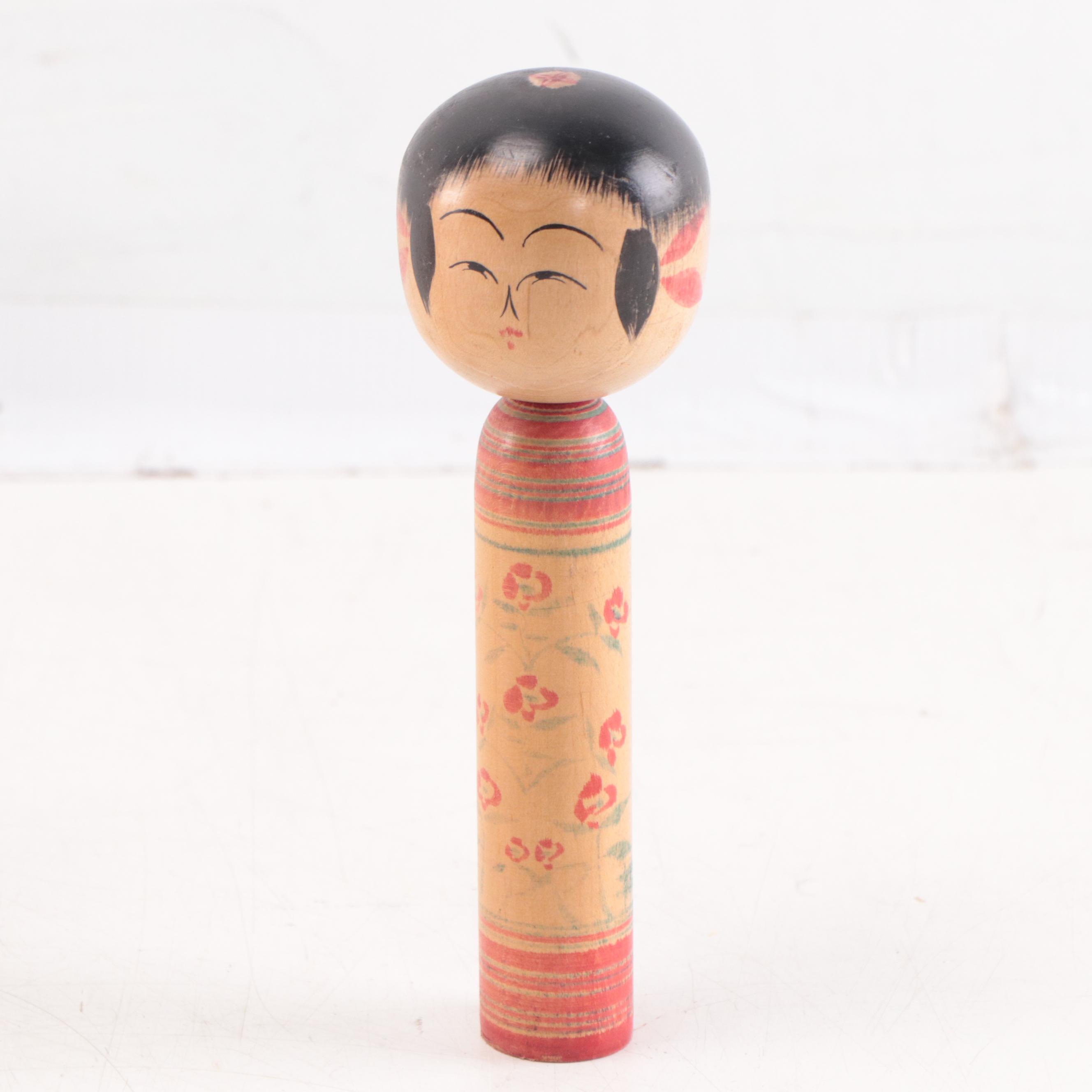 Japanese Hand-Painted Carved Wooden Kokeshi Dolls