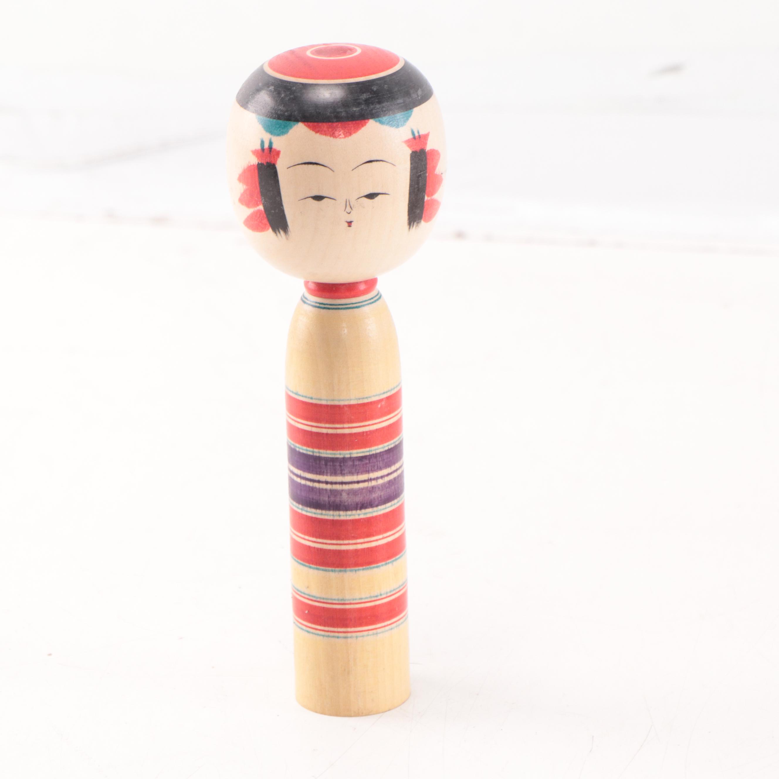 Japanese Hand-Painted Carved Wooden Kokeshi Dolls
