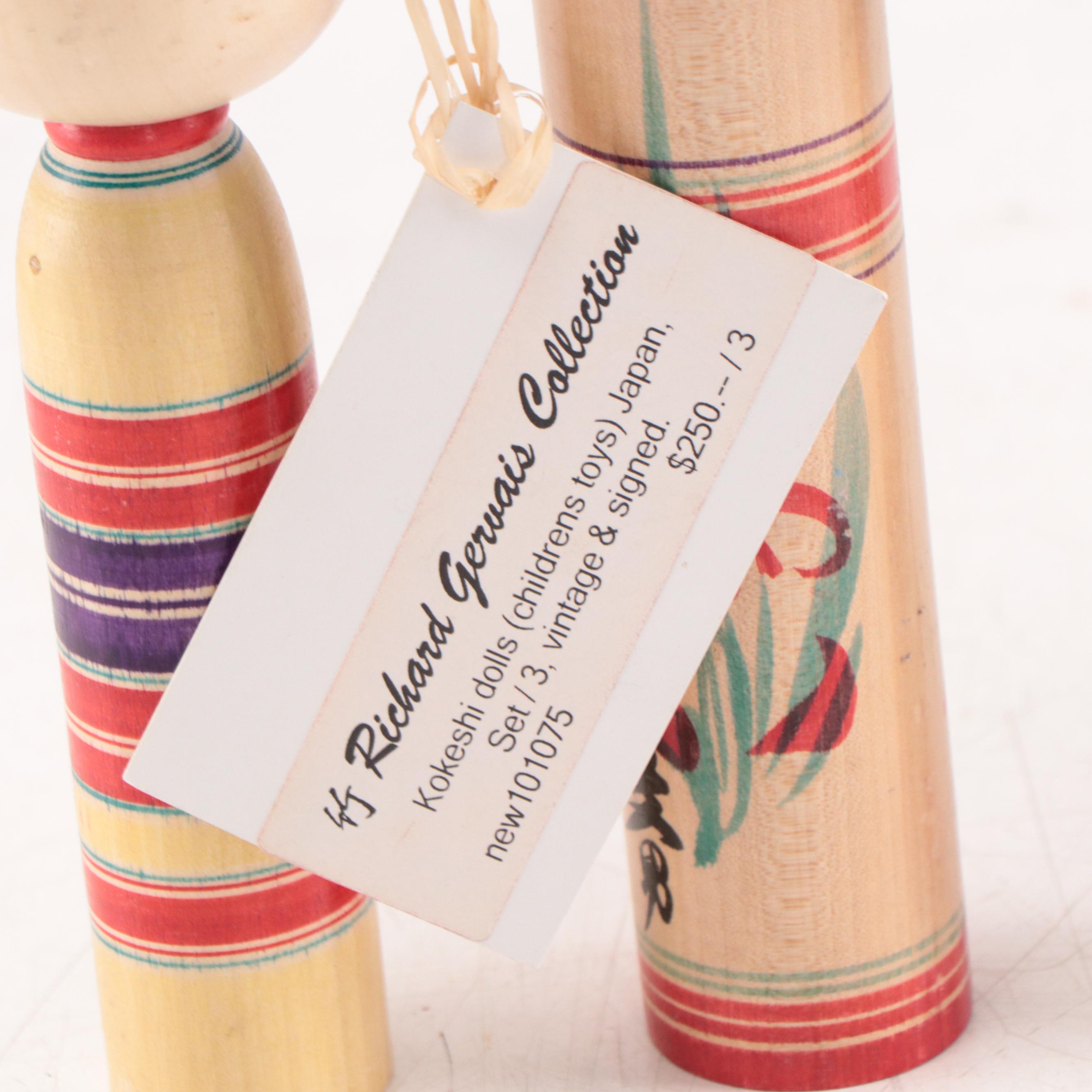 Japanese Hand-Painted Carved Wooden Kokeshi Dolls