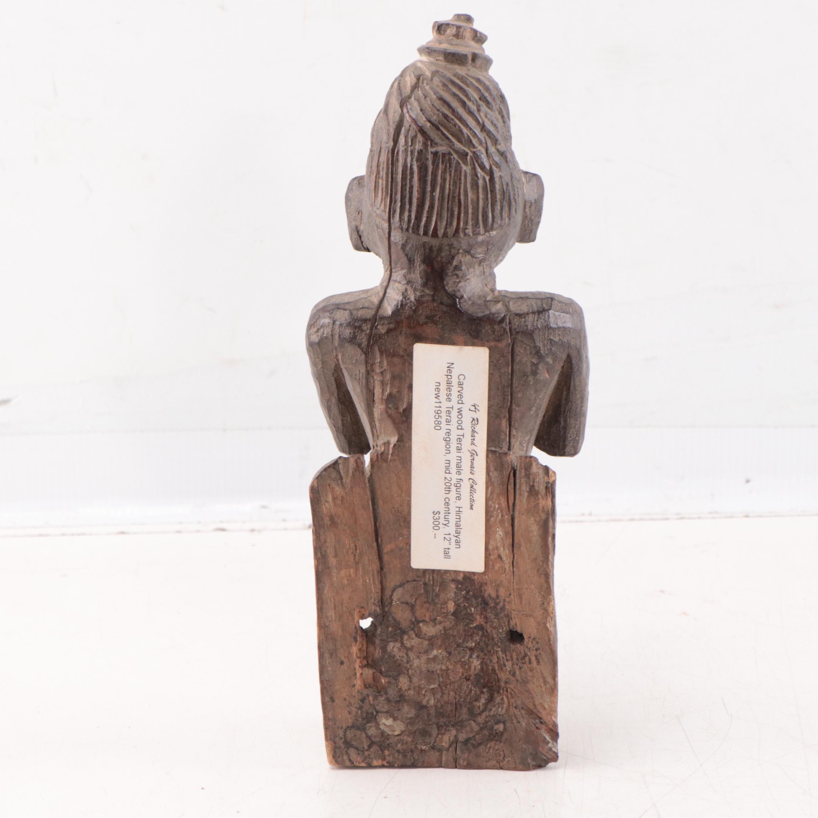 Himalayan / Nepalese Hand-Carved Wood Terai Male Figure, Mid-20th Century