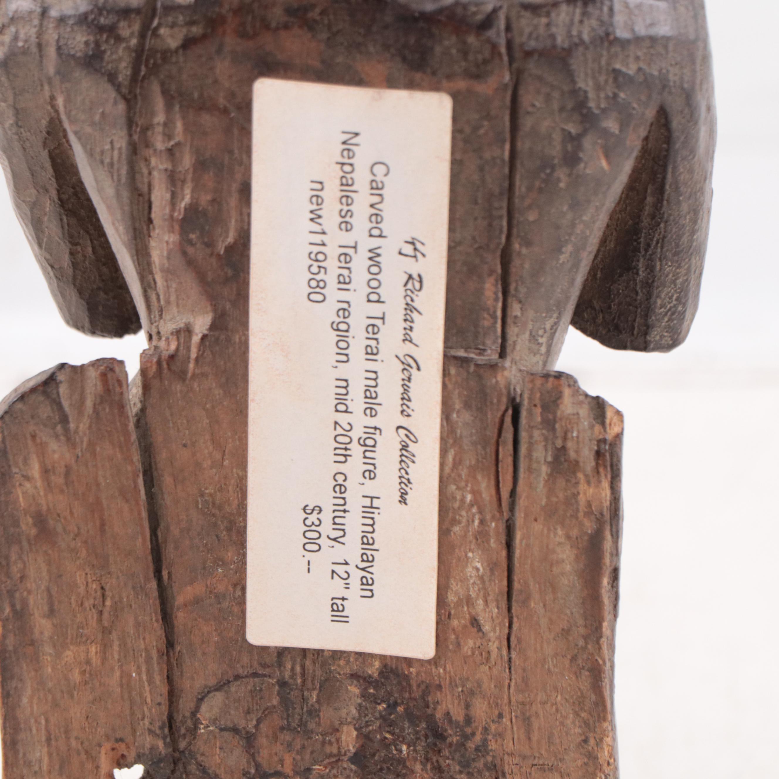 Himalayan / Nepalese Hand-Carved Wood Terai Male Figure, Mid-20th Century