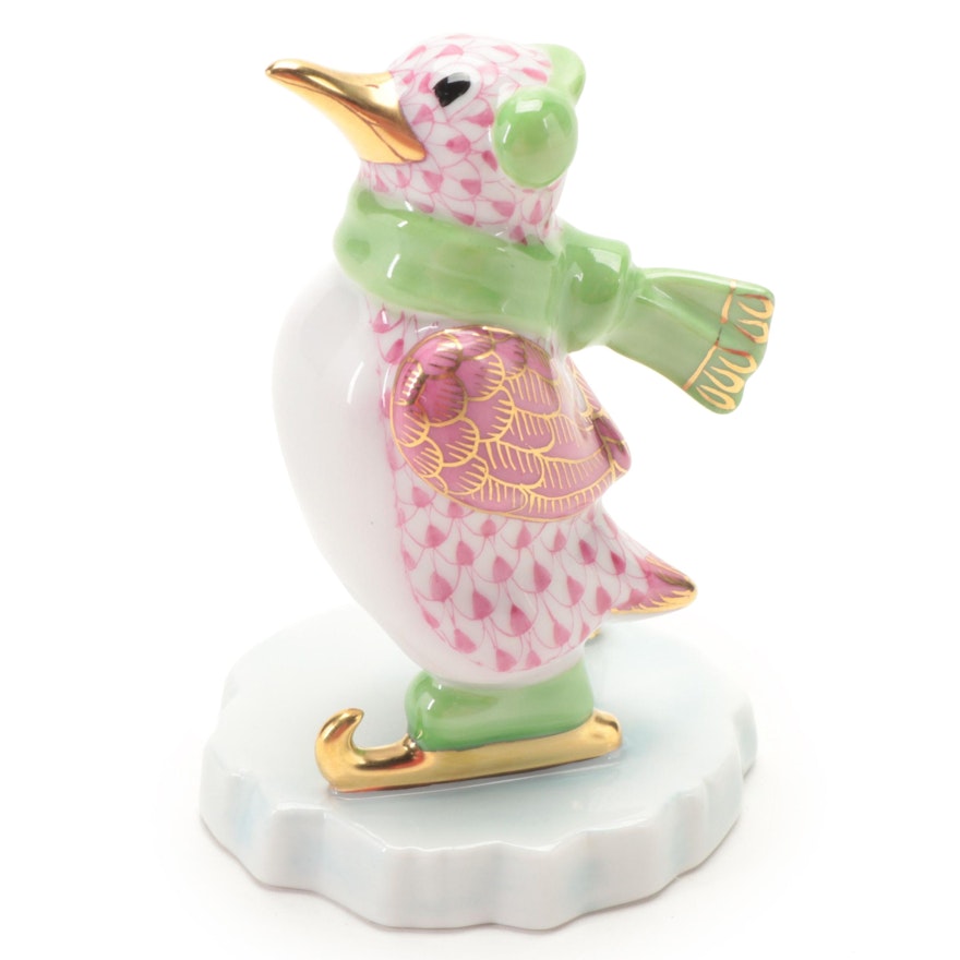 Herend Raspberry Fishnet with Gold Ice Skating Penguin Porcelain Figurine