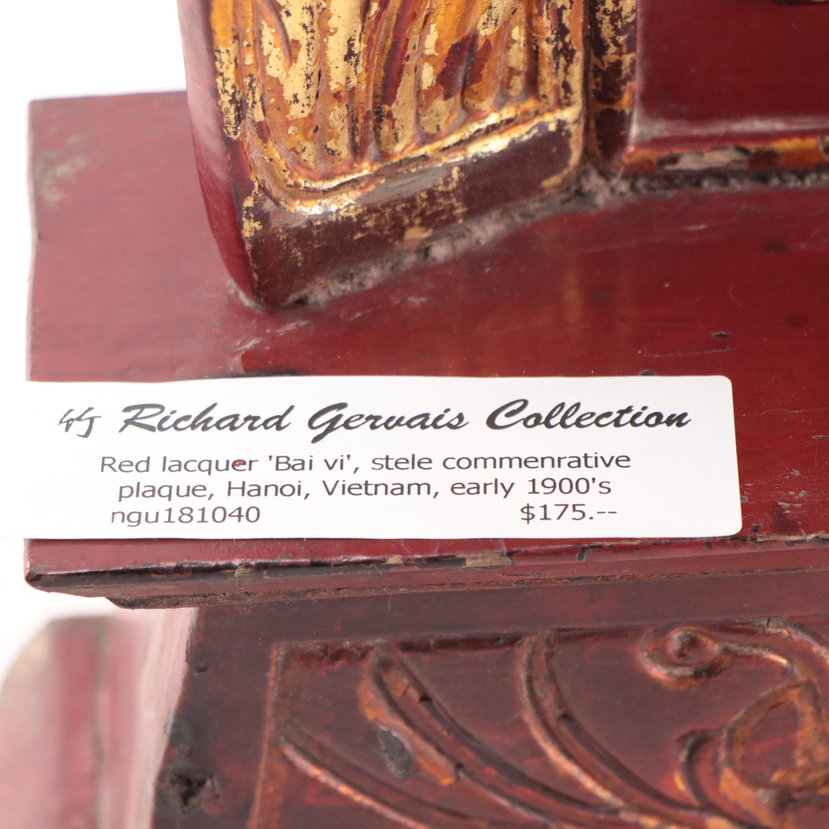 Vietnamese Lacquered Hand-Carved Wooden Stele Commemorative Plaque