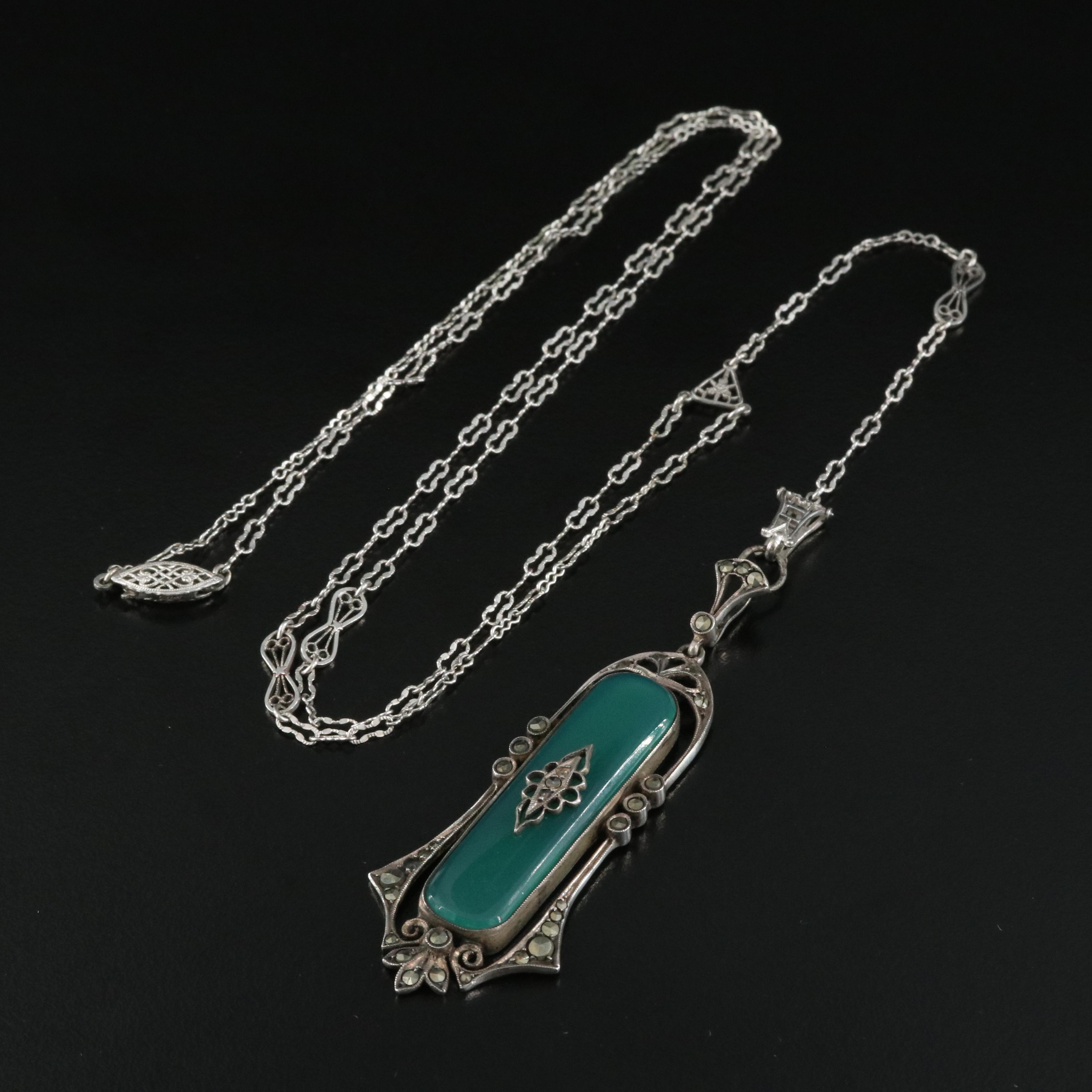 Antique Sterling Chalcedony and Marcasite Pendant on Golf-Filled Lariat Necklace