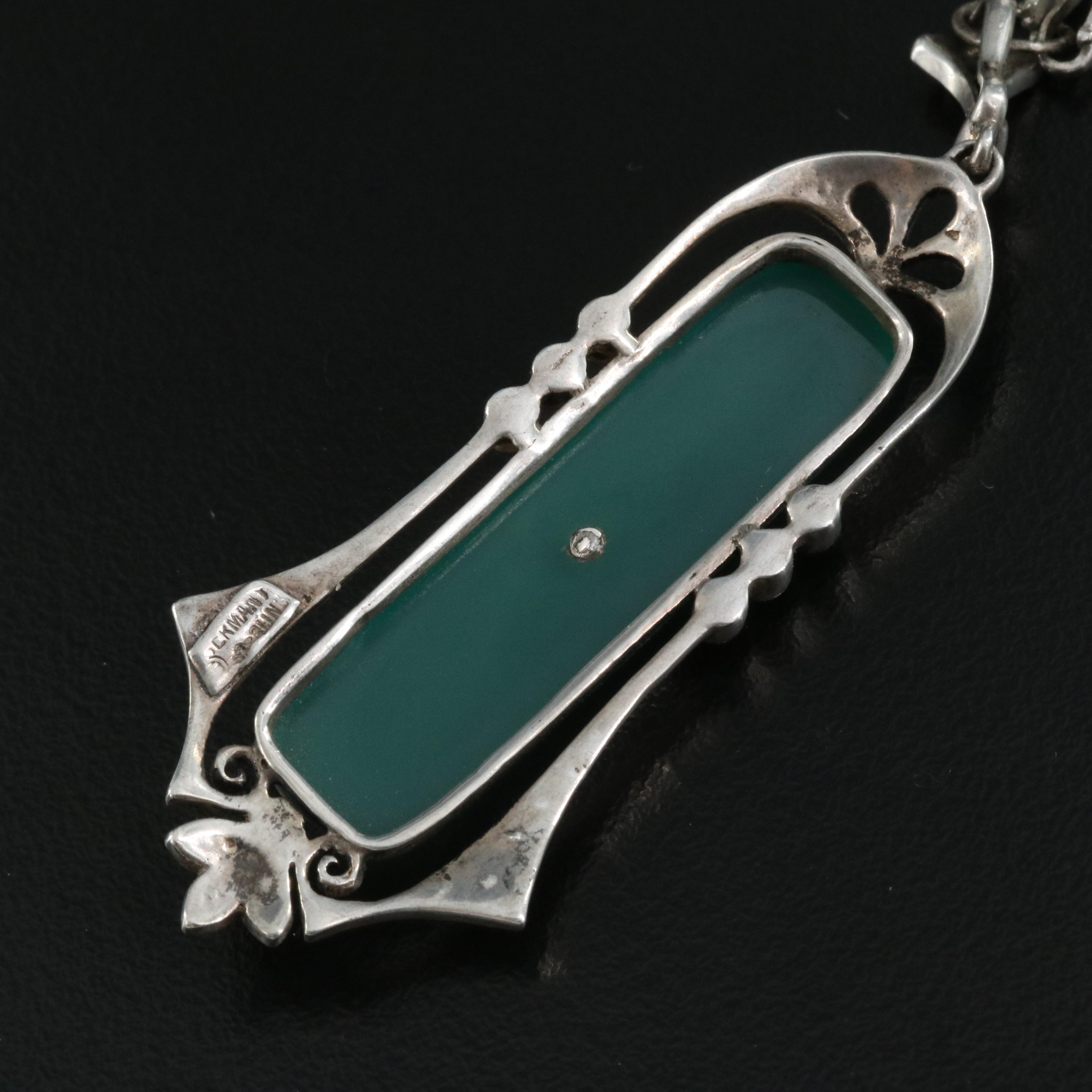 Antique Sterling Chalcedony and Marcasite Pendant on Golf-Filled Lariat Necklace