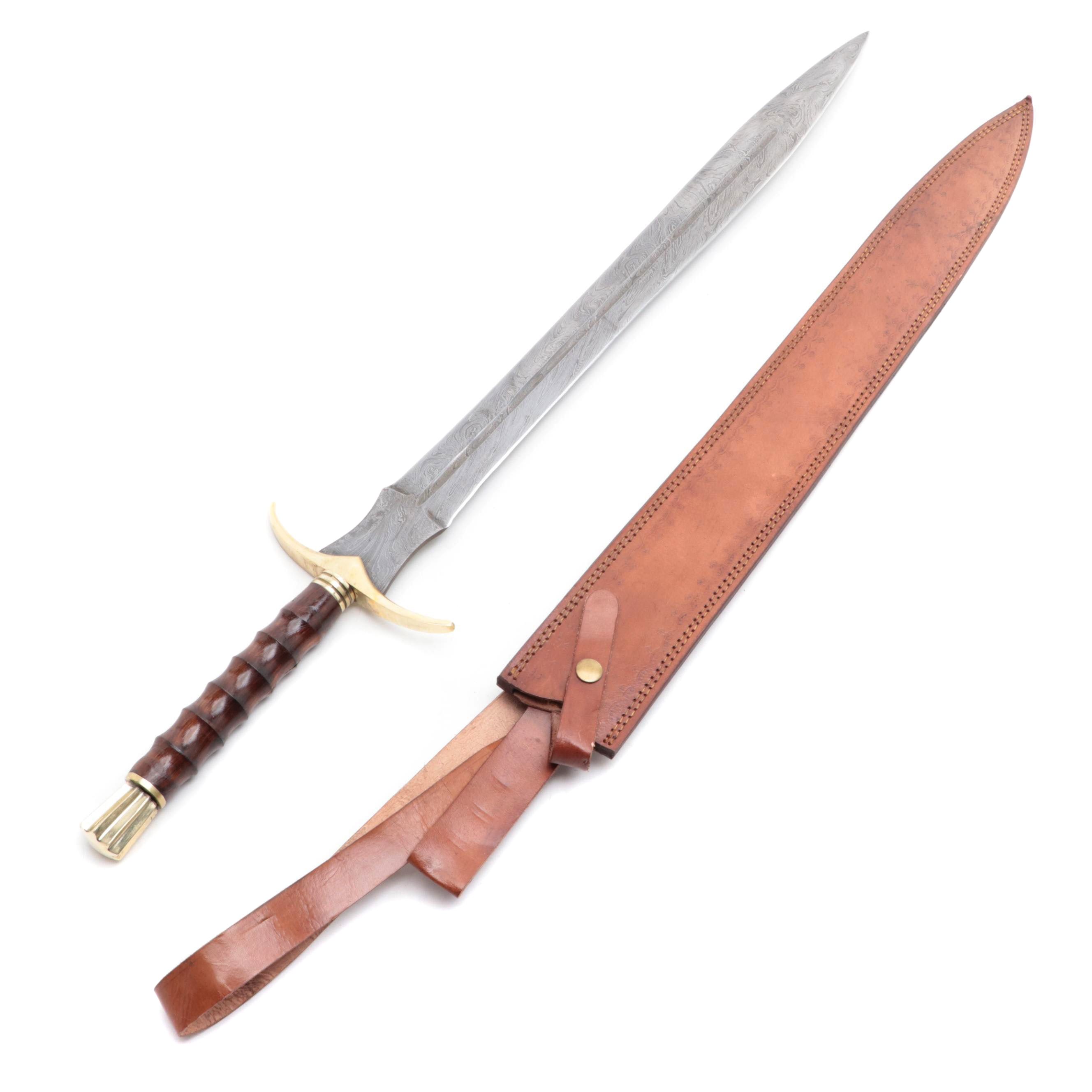 Damascus Steel and Carved Wood Handle Short Sword with Back Scabbard