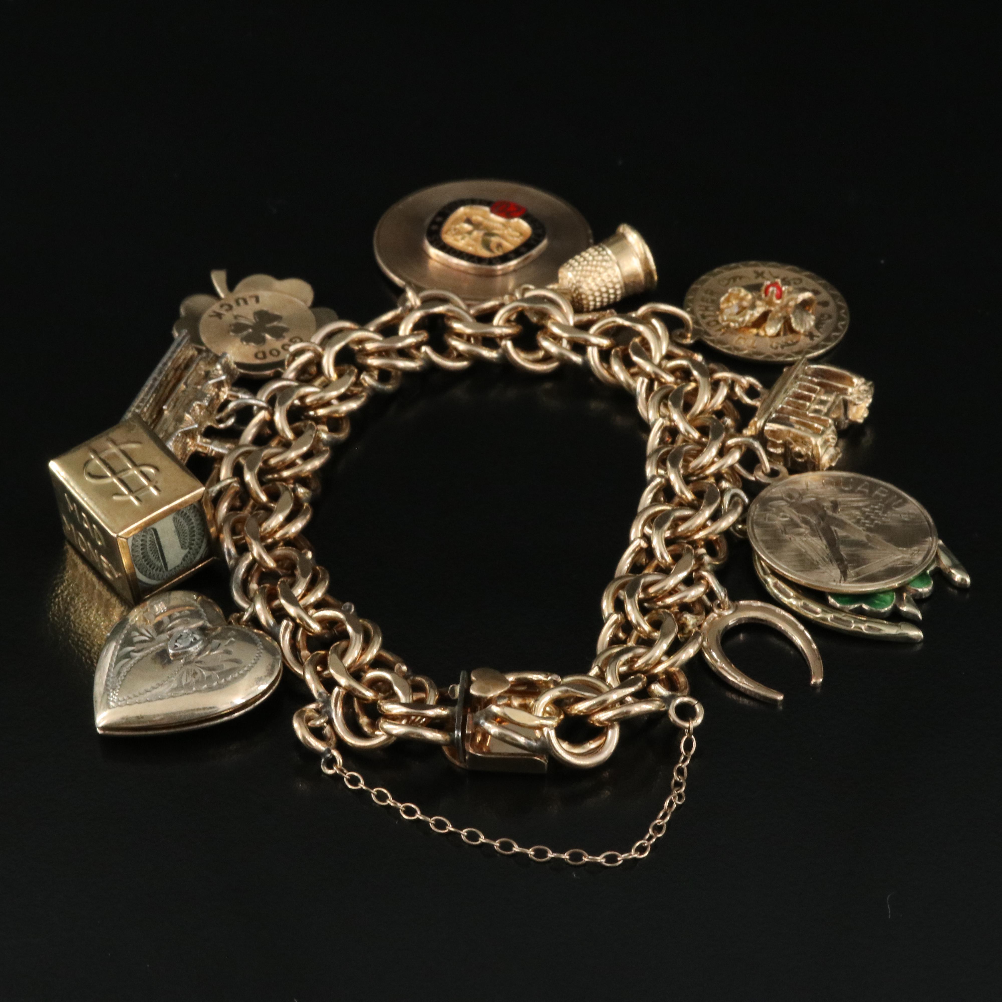 14K, Heart Locket, Diamond and Churchill Downs Featured in Charm Bracelet