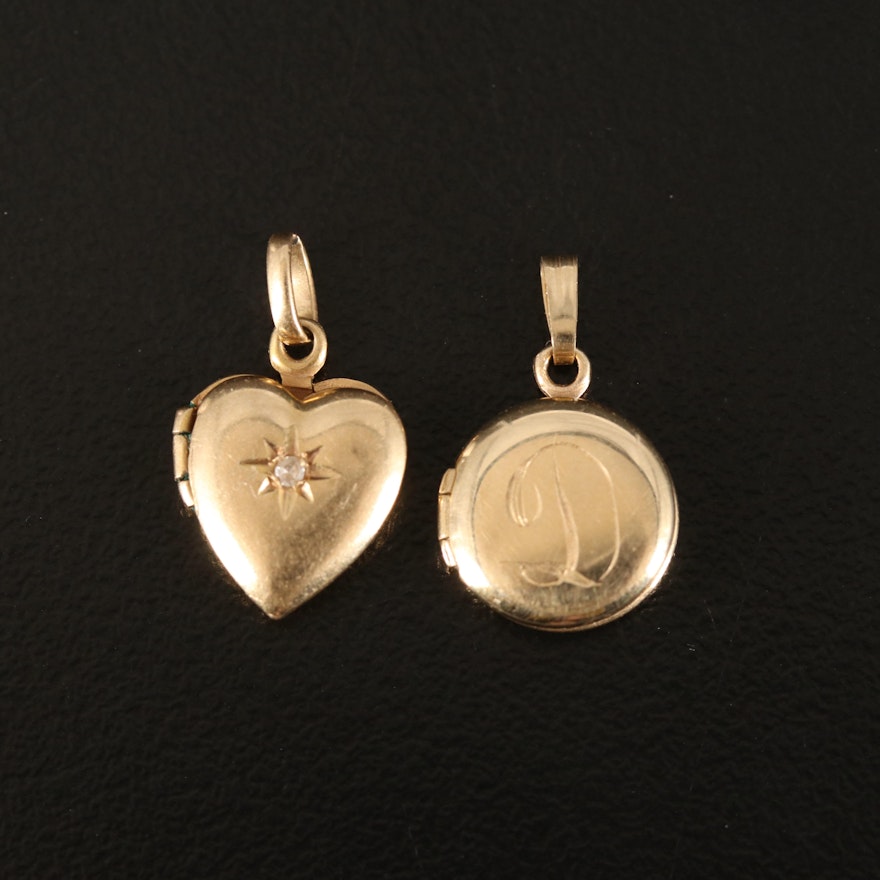 14K 0.01 CT Diamond Heart and Round Lockets