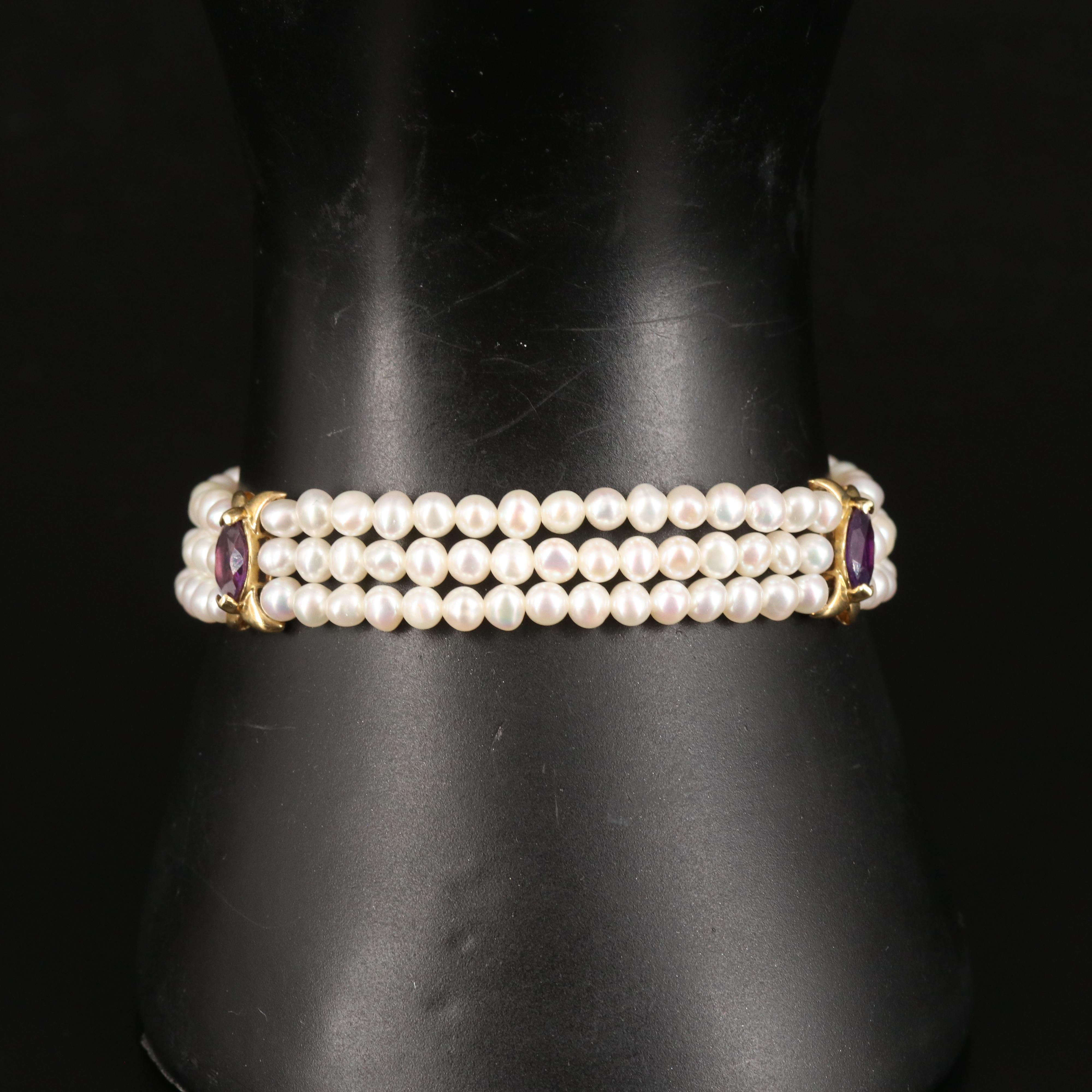 14K Pearl Triple Strand Bracelet with Amethyst Stations