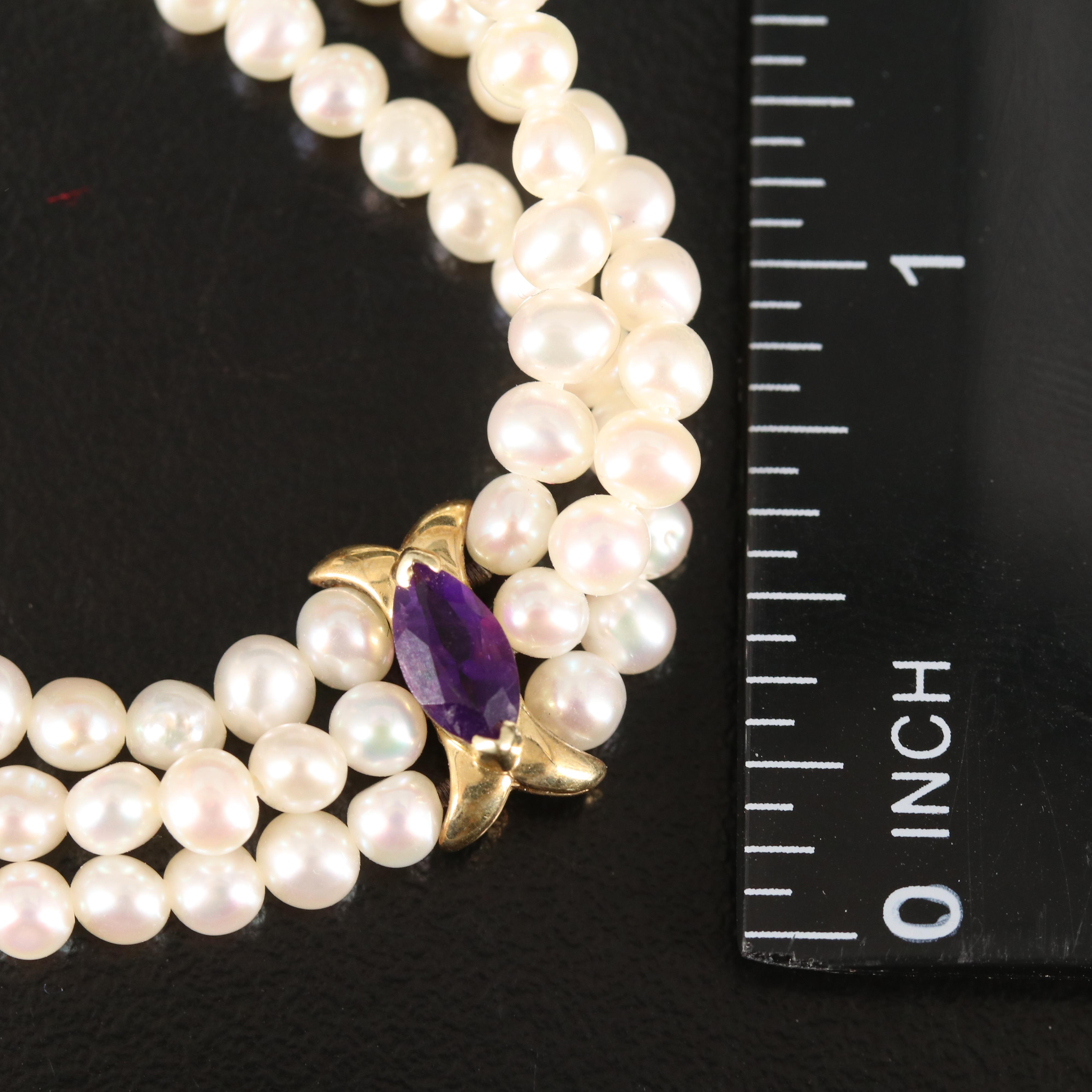 14K Pearl Triple Strand Bracelet with Amethyst Stations
