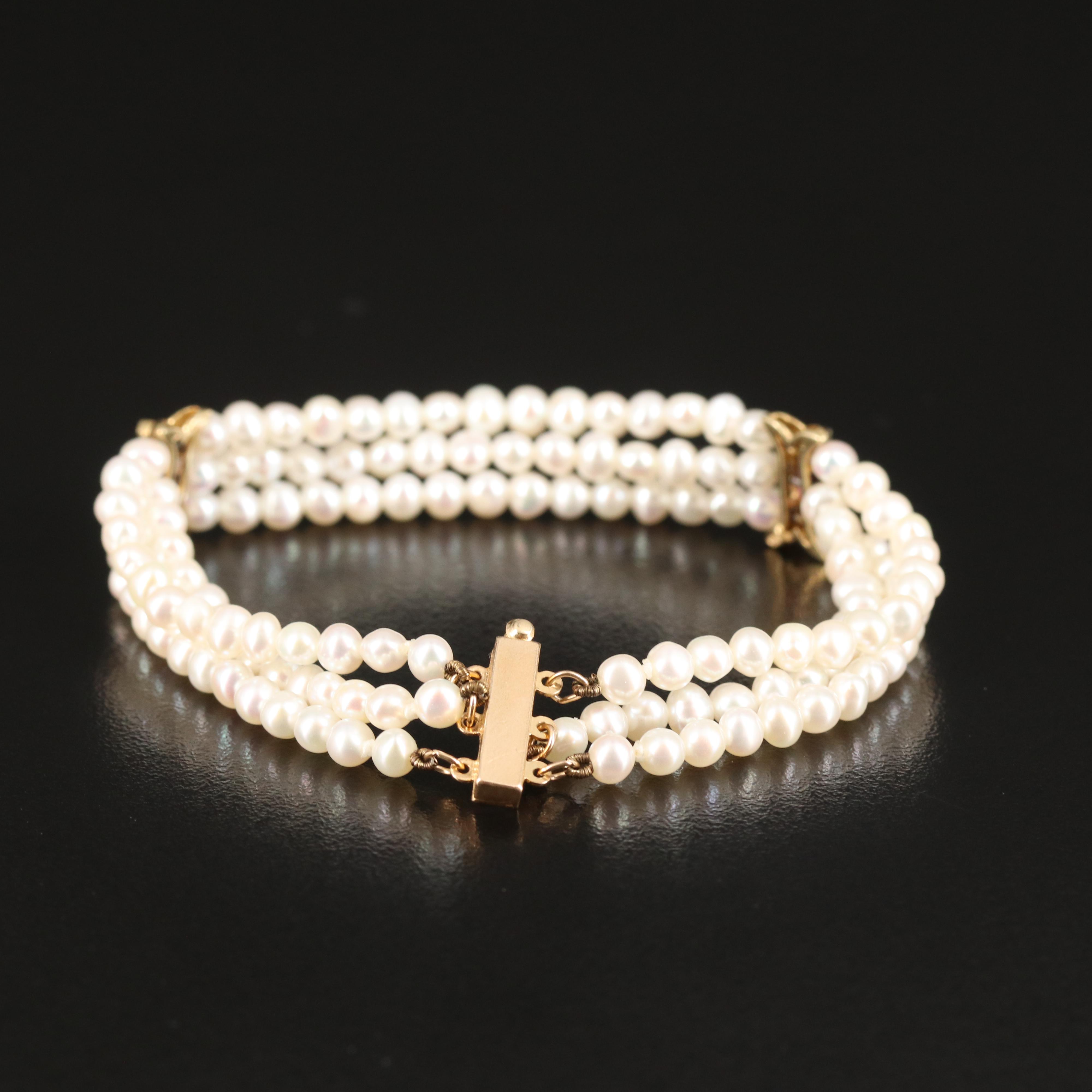 14K Pearl Triple Strand Bracelet with Amethyst Stations