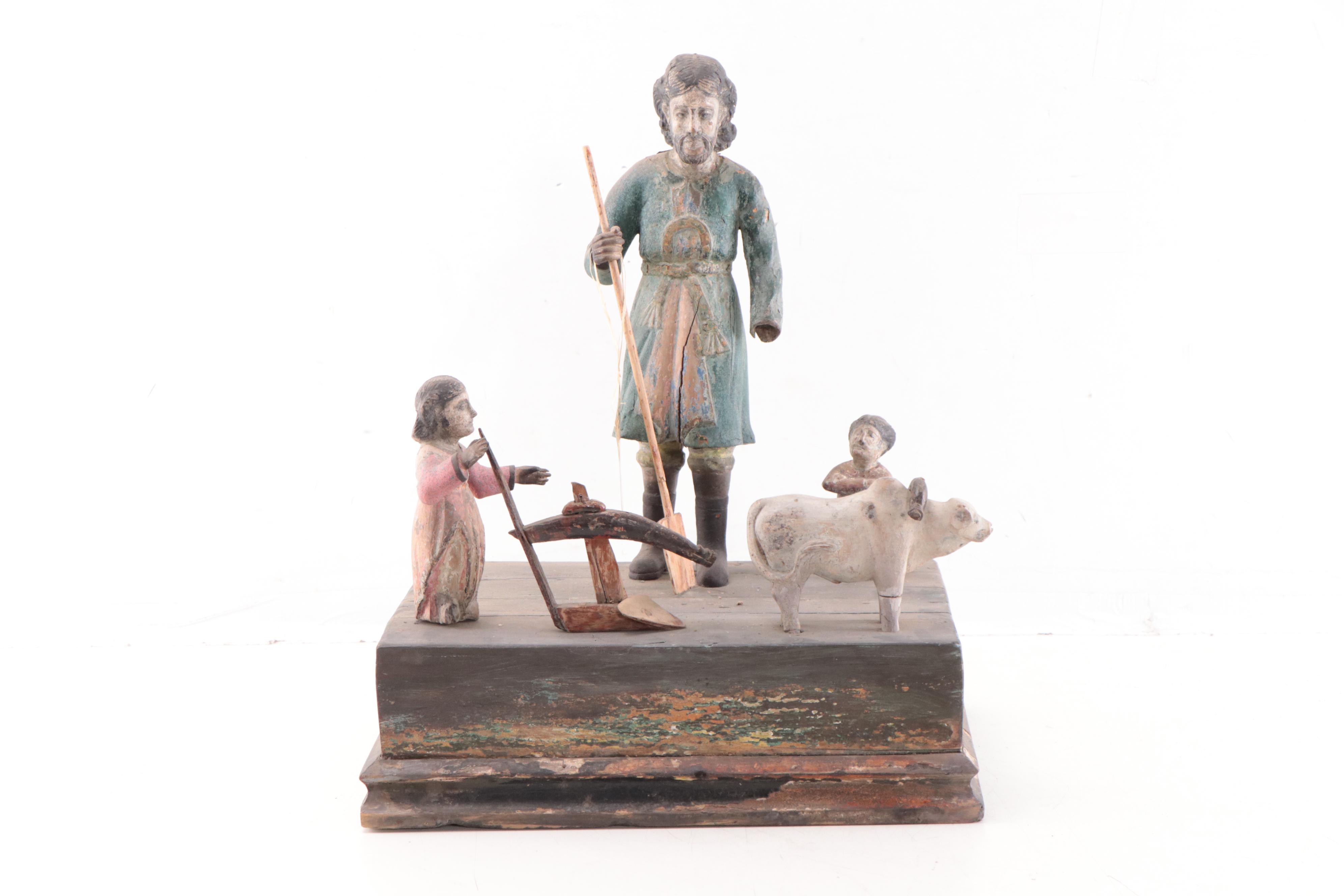 Filipino Hand-Painted Carved Wood Tableau of San Isidro The Laborer