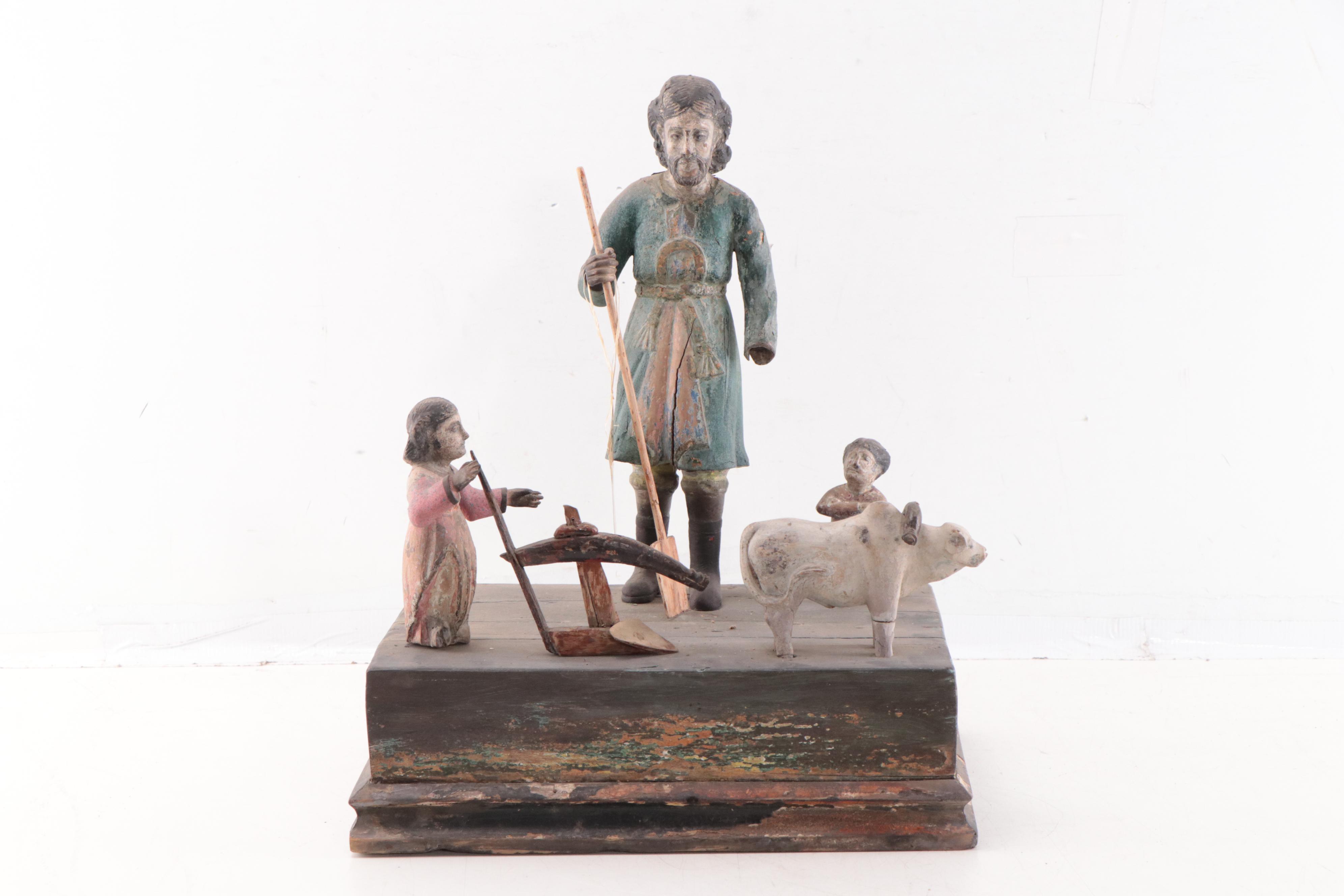 Filipino Hand-Painted Carved Wood Tableau of San Isidro The Laborer