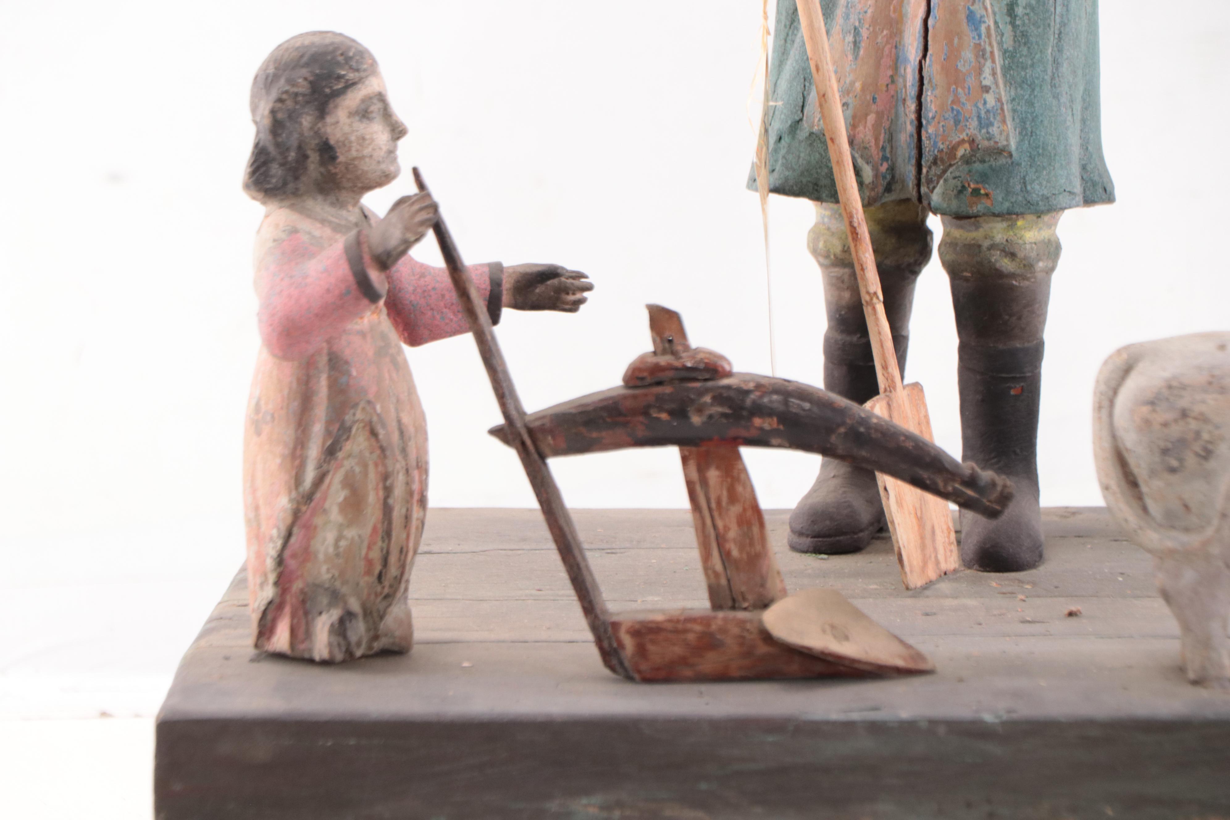 Filipino Hand-Painted Carved Wood Tableau of San Isidro The Laborer