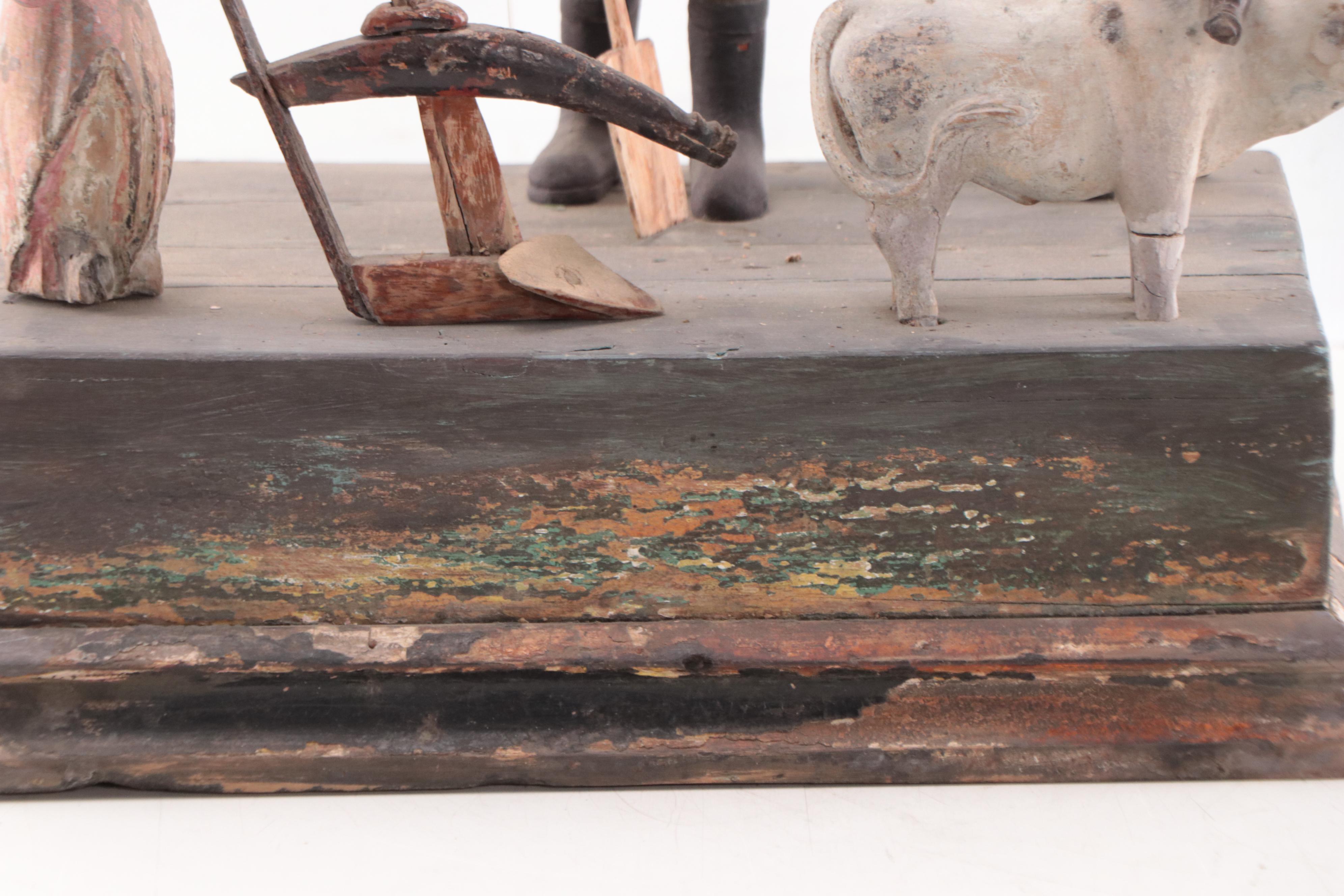 Filipino Hand-Painted Carved Wood Tableau of San Isidro The Laborer