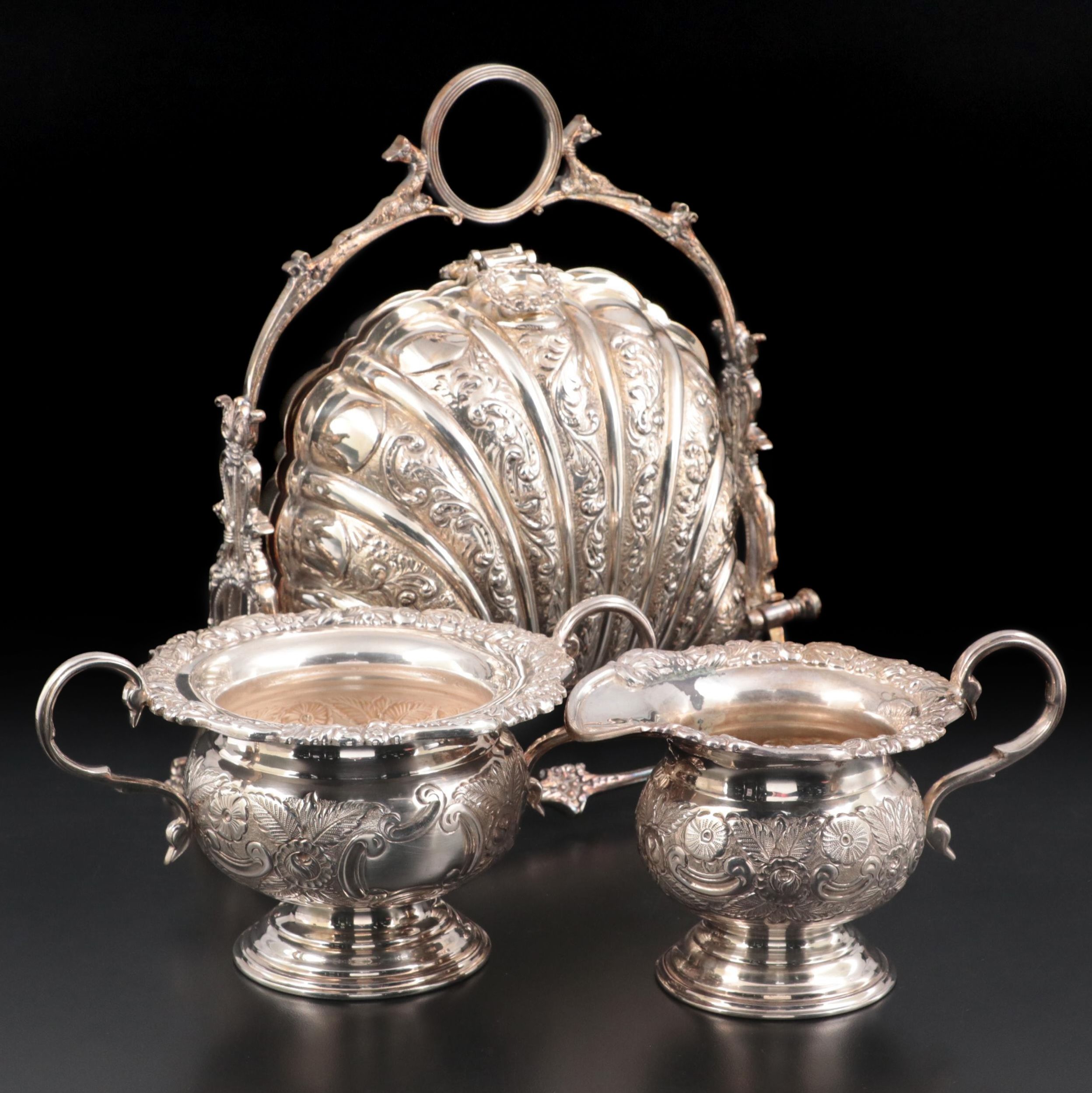 Victorian Silver Plate Biscuit Box with Creamer and Sugar