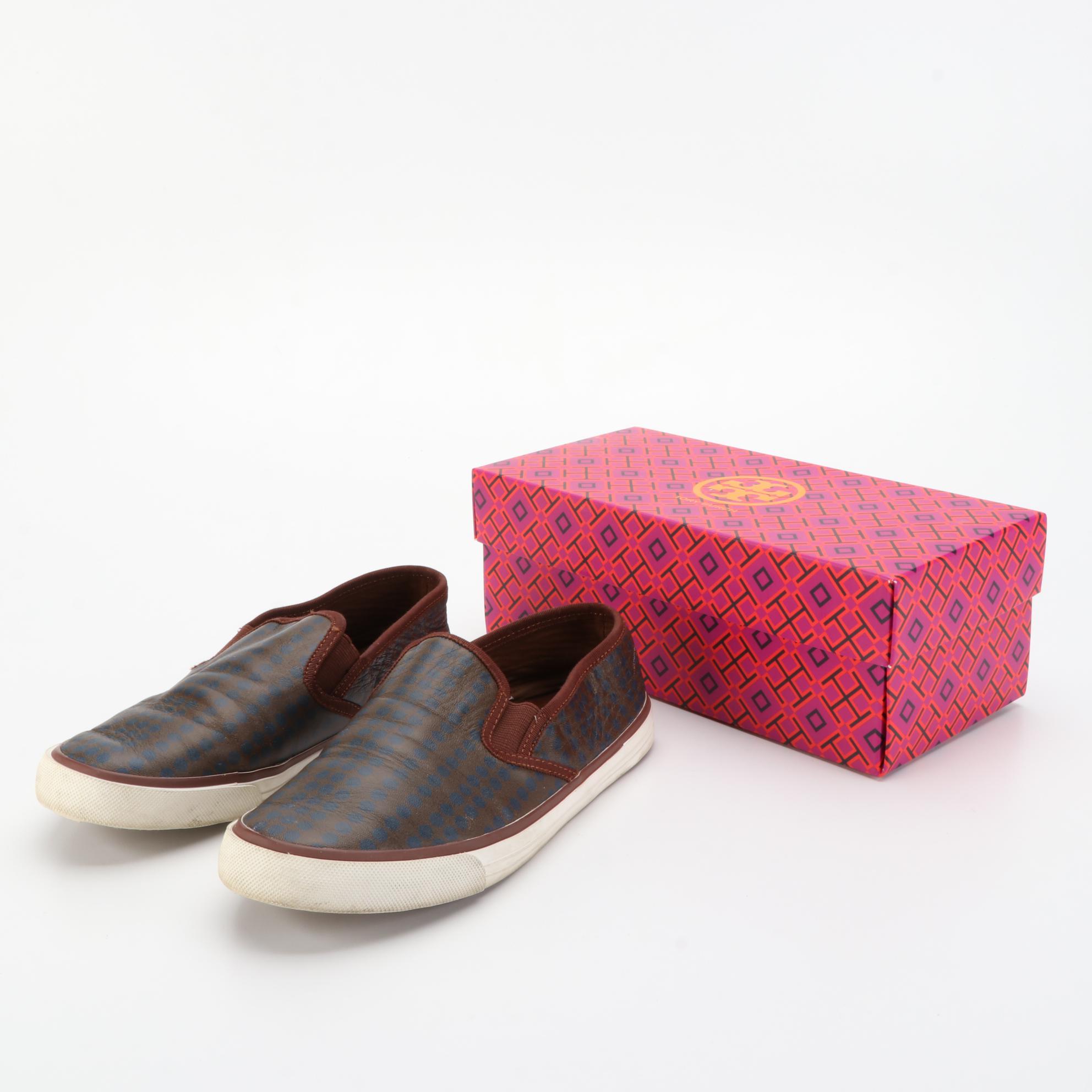 Tory Burch Slip On Shoe in Leather and Canvas with Box