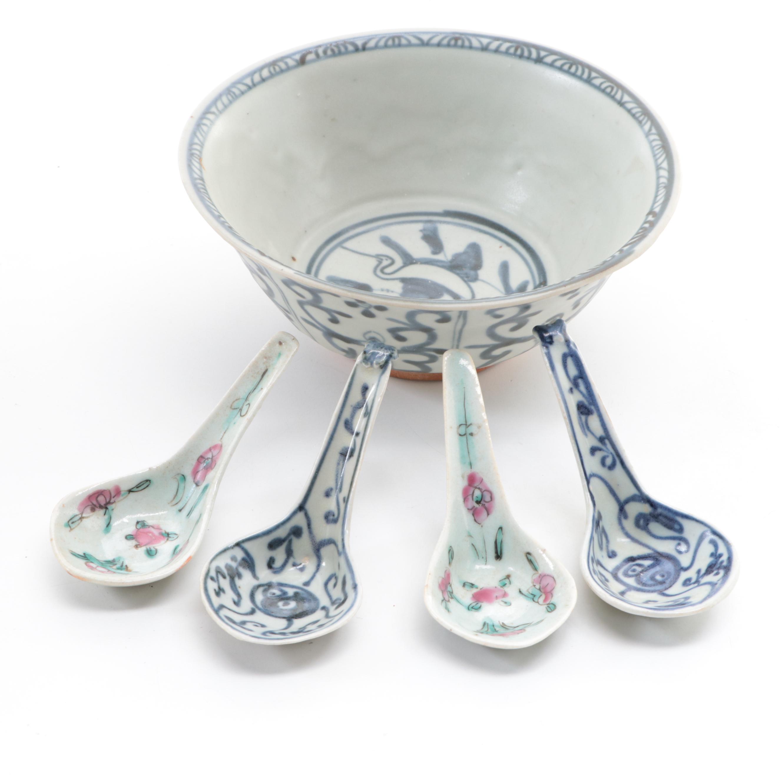 Chinese Earthenware Swatow Style Bowl with Other Soup Spoons