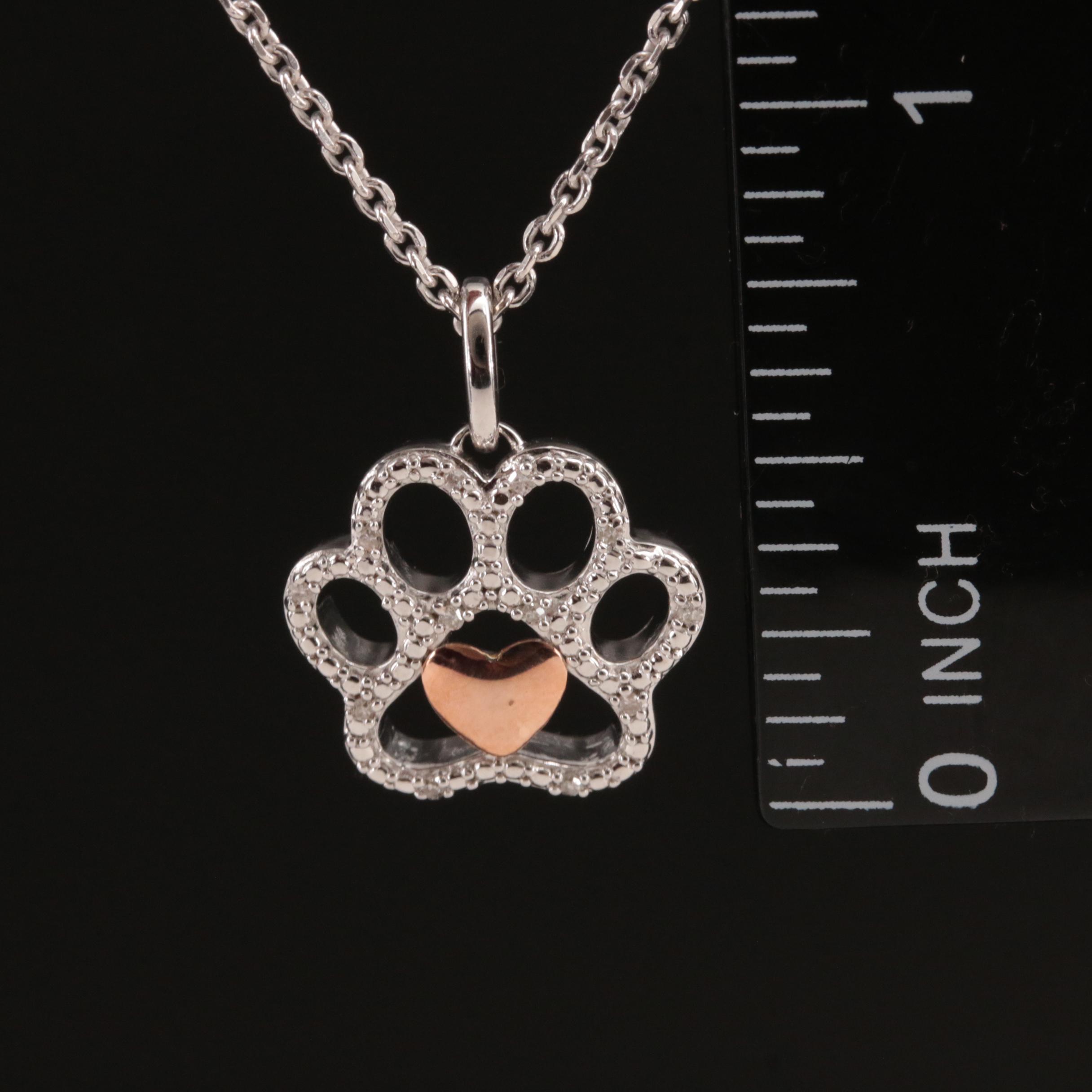 Sterling Diamond Paw Print and Heart Necklace with 10K Rose Gold Accent