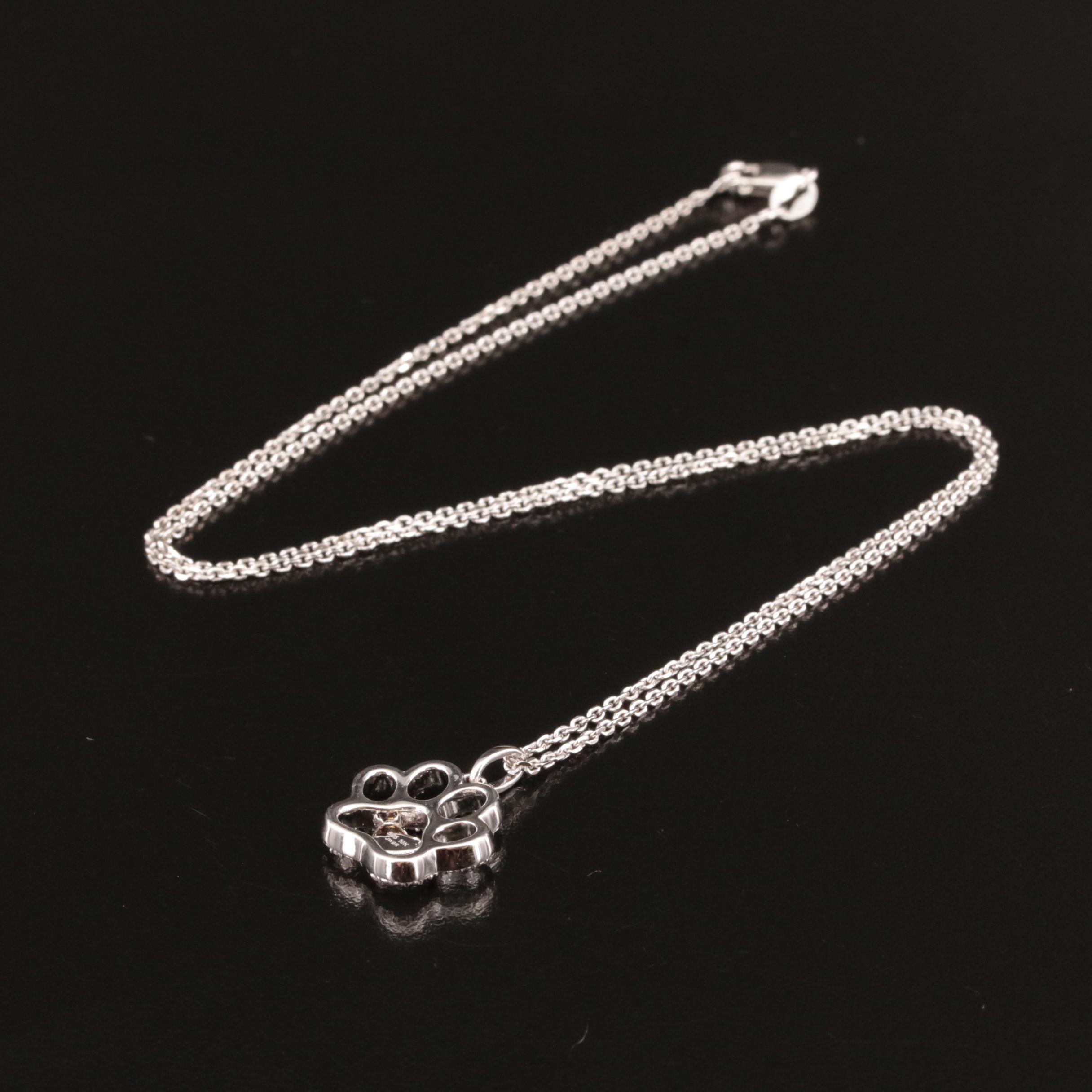 Sterling Diamond Paw Print and Heart Necklace with 10K Rose Gold Accent