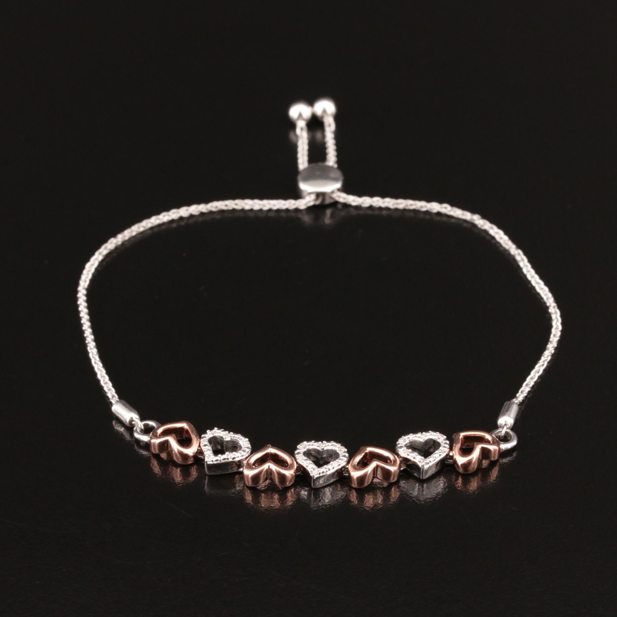 Sterling Diamond Heart Bolo Bracelet