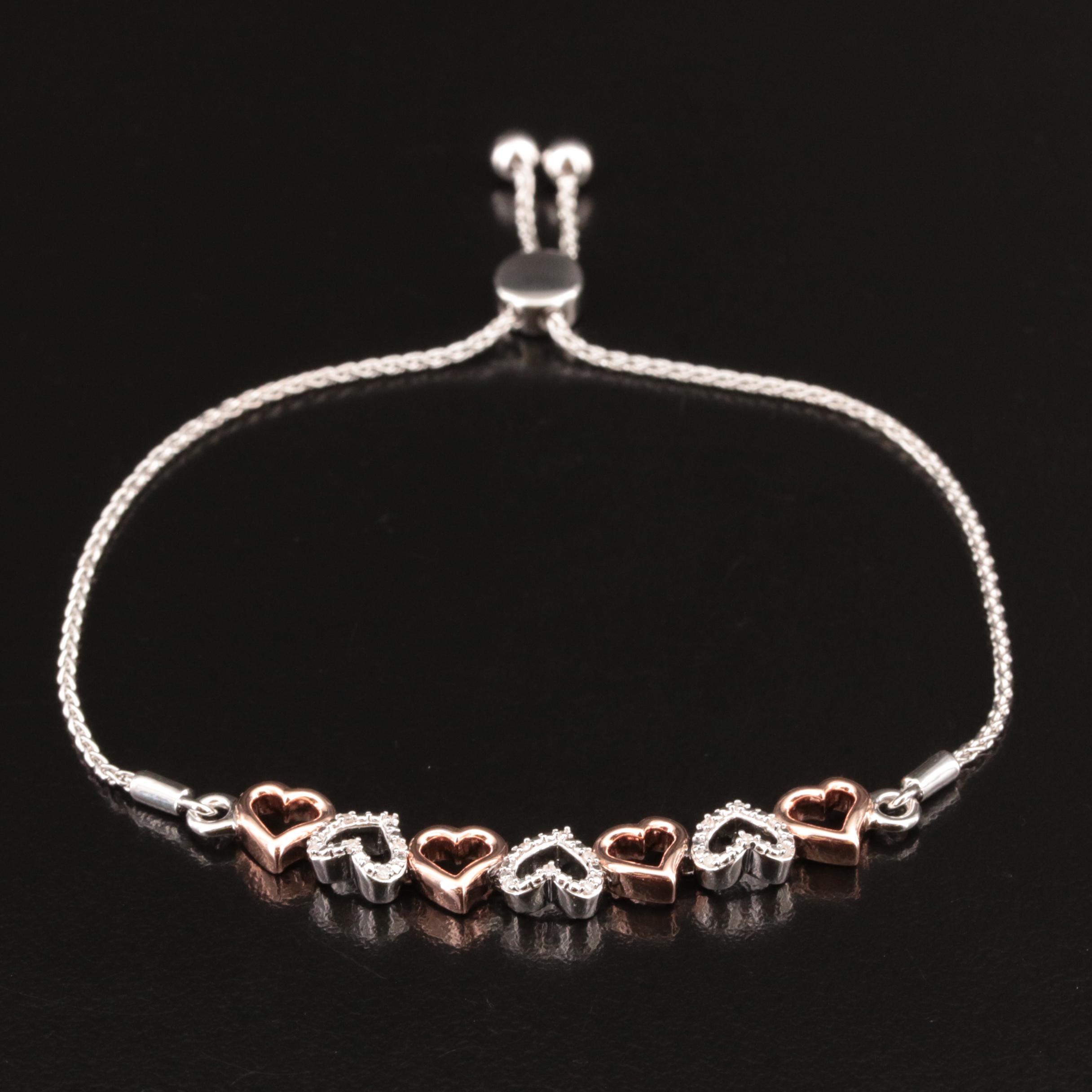 Two-Tone Sterling and Diamond Heart Bolo Bracelet