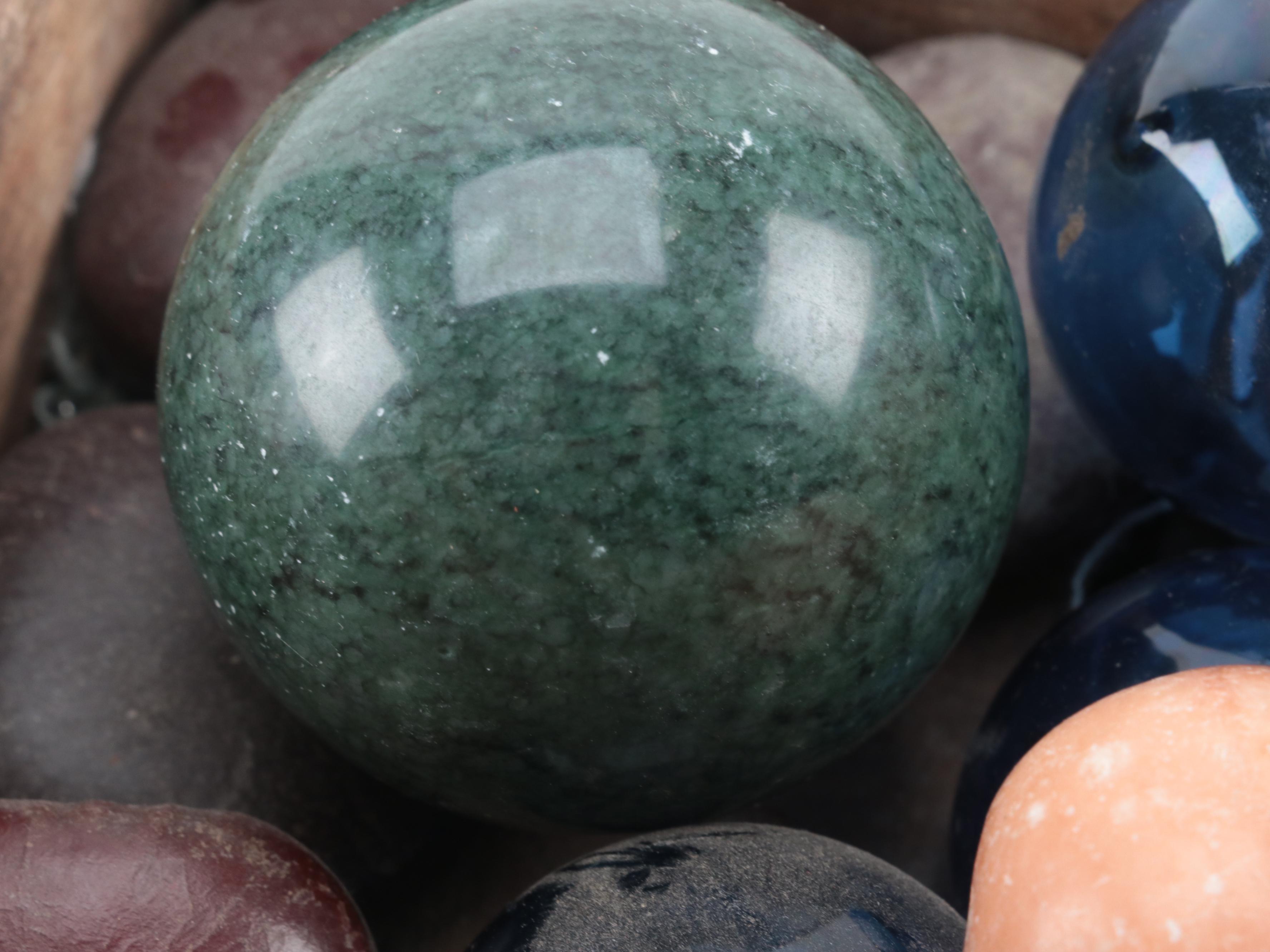 Polychromed and Incised Tiered Box with Seed Pods, Marble and Glass Decor