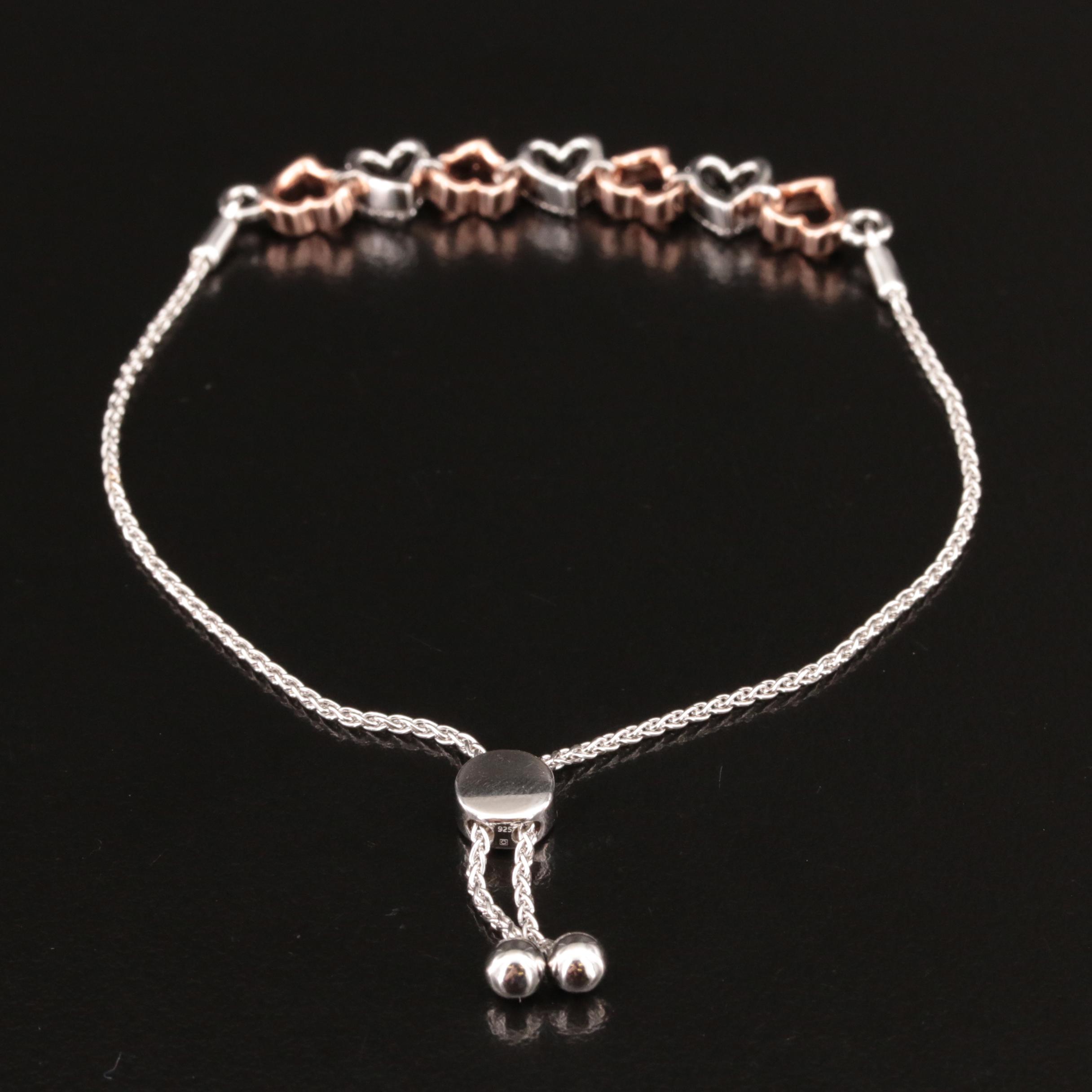 Two-Tone Sterling and Diamond Heart Bolo Bracelet