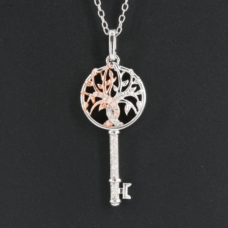 Diamond Lined Key Pendant Necklace in Sterling