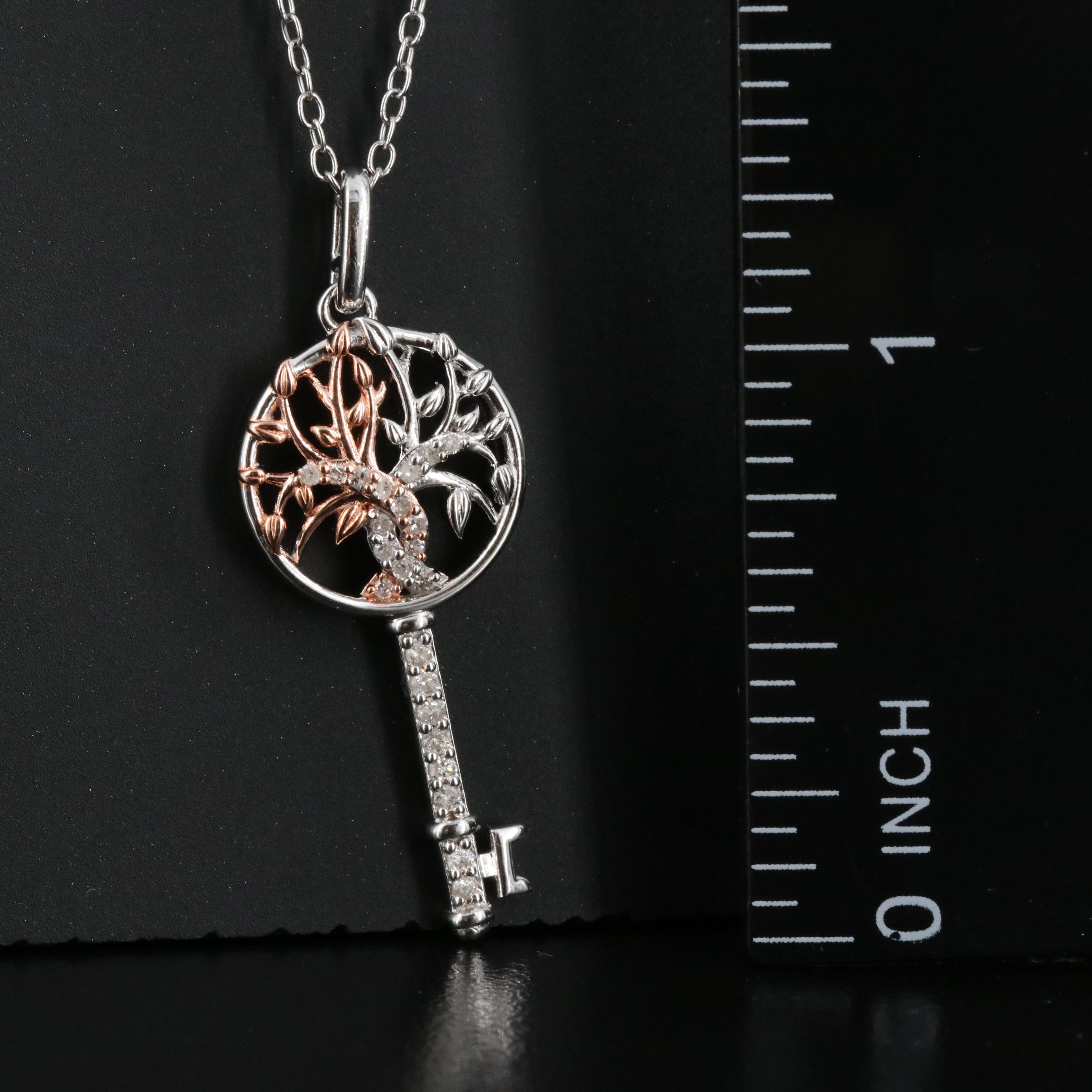 Diamond Lined Key Pendant Necklace in Sterling