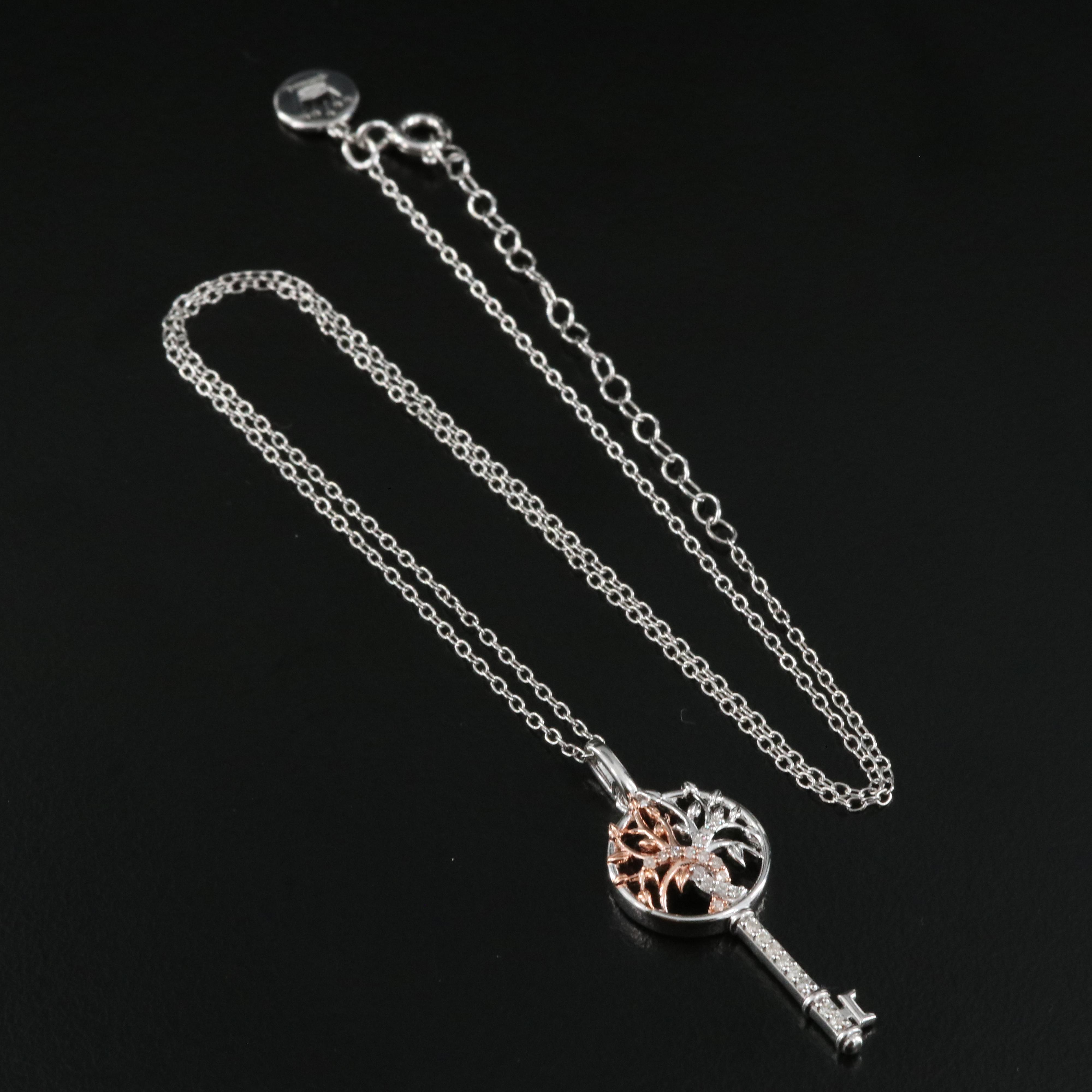 Diamond Lined Key Pendant Necklace in Sterling