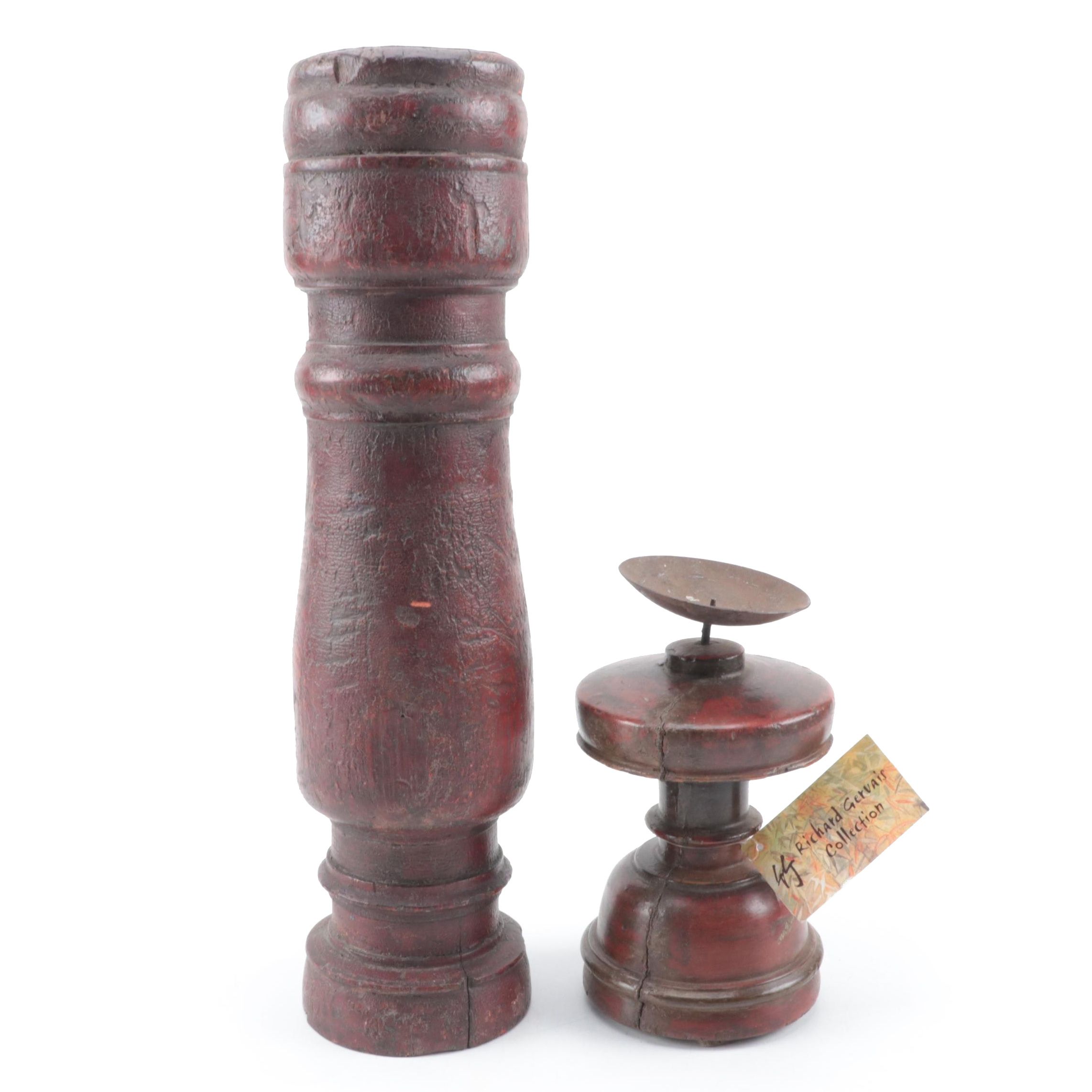East Indian Turned Wood and Polychromed Candle Holders