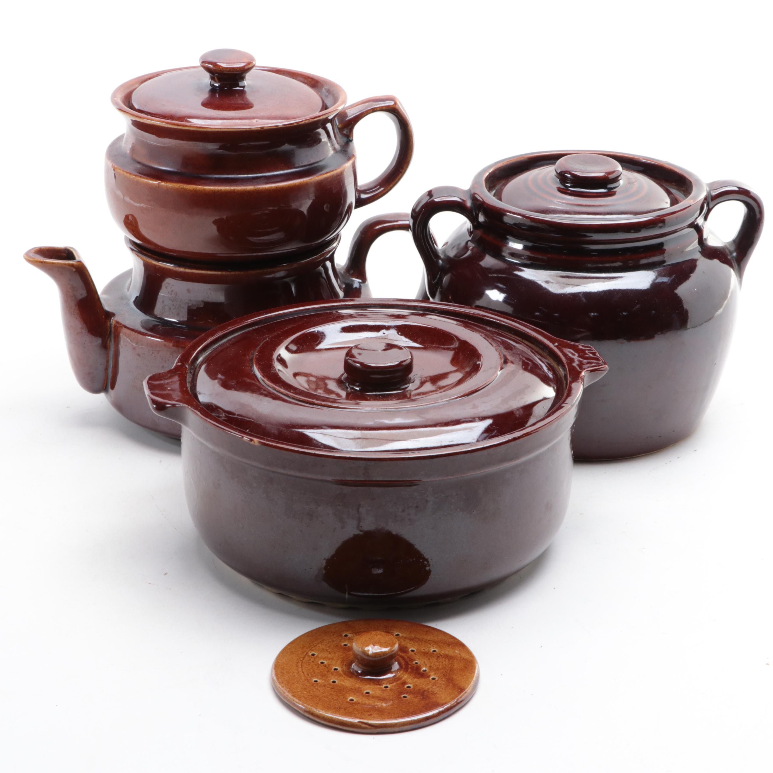 American Pottery Brown Dip Glazed Bean Pot with Other Tableware