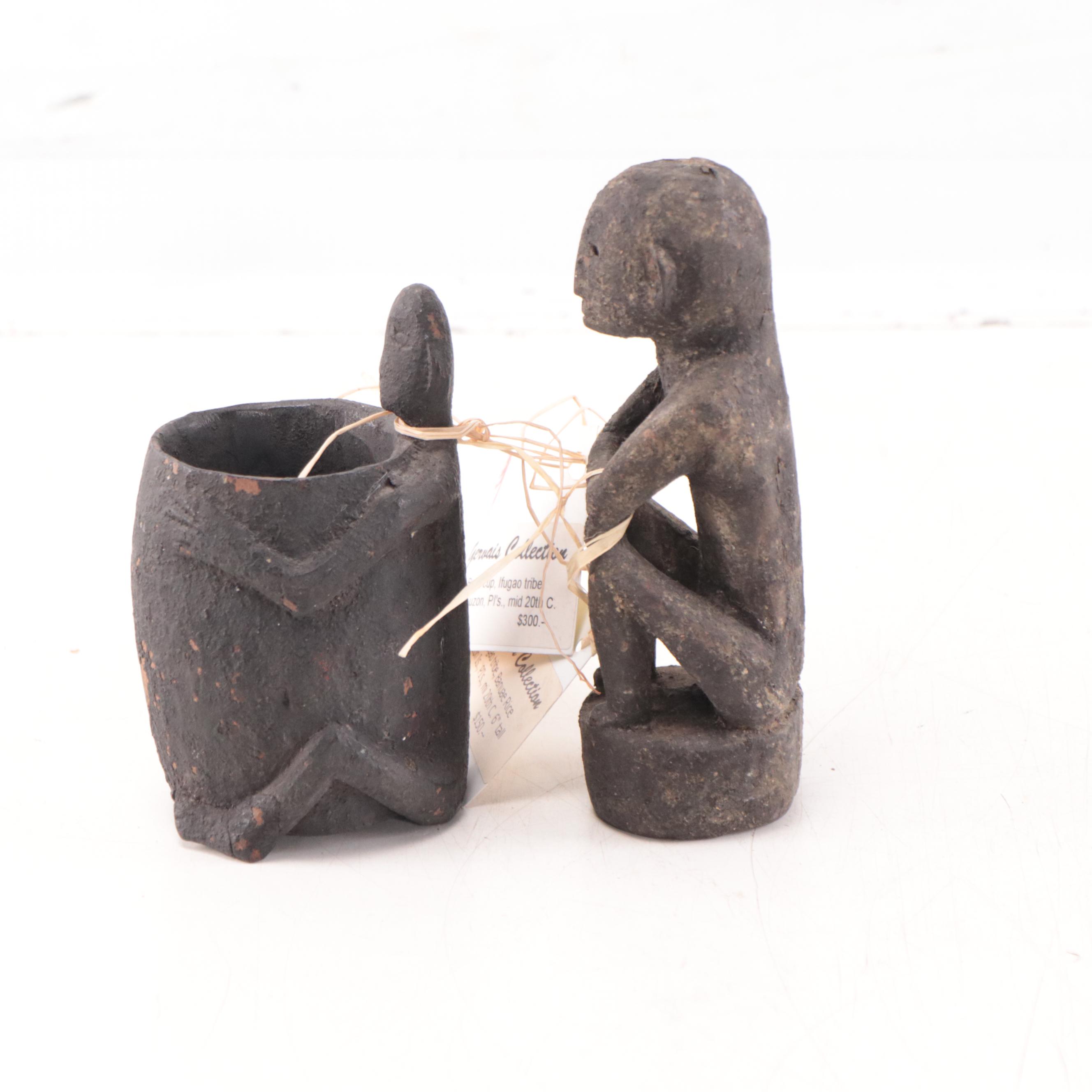 Ifuago Bulul Carved Wood Seated Bulol Figure and Seated Bulol Cup