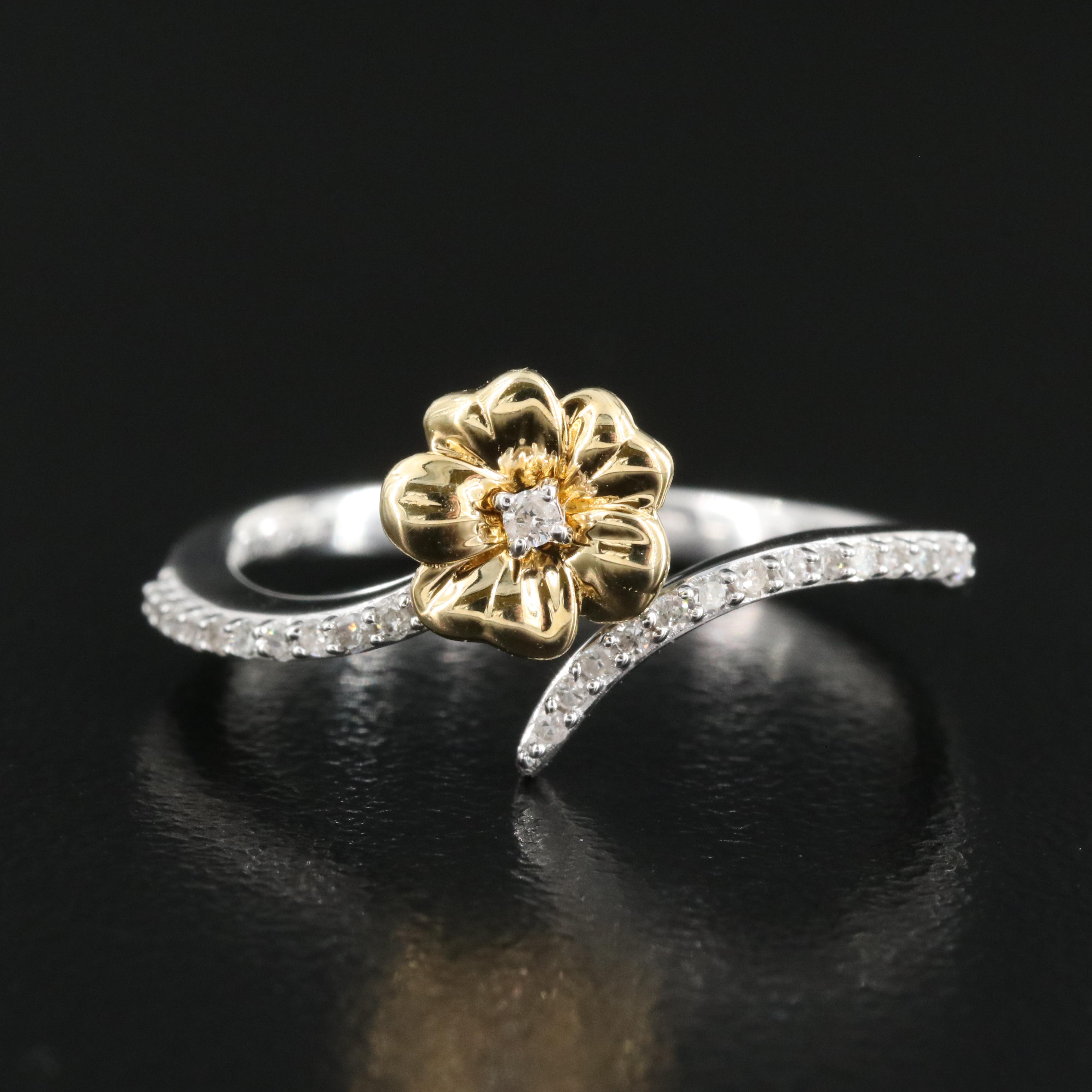 Sterling Diamond Flower Bypass Ring